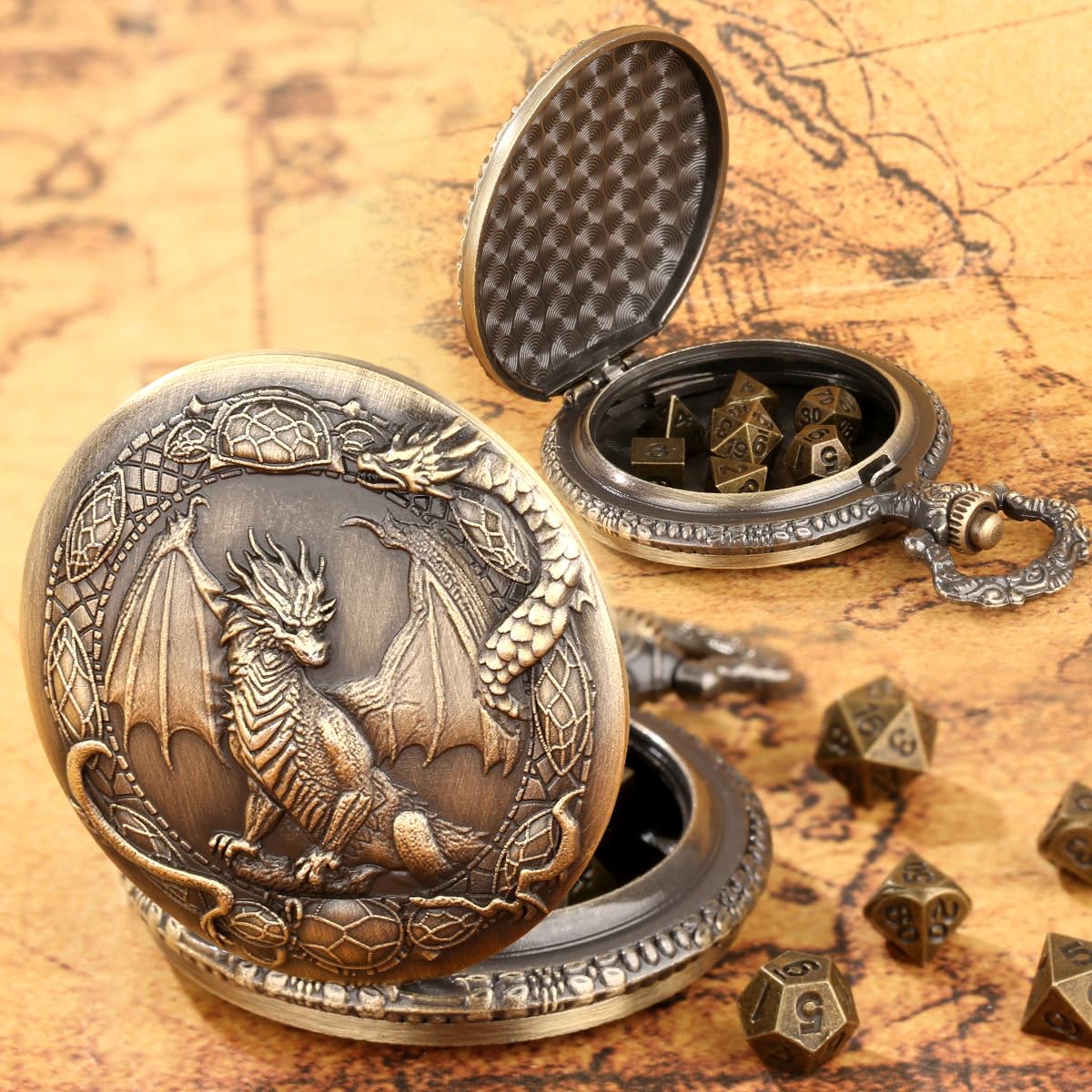 Mini DND Dice Set including Border Standing Dragon Pattern Pocket Watch Shell Case, DND Starter Set - Image 3