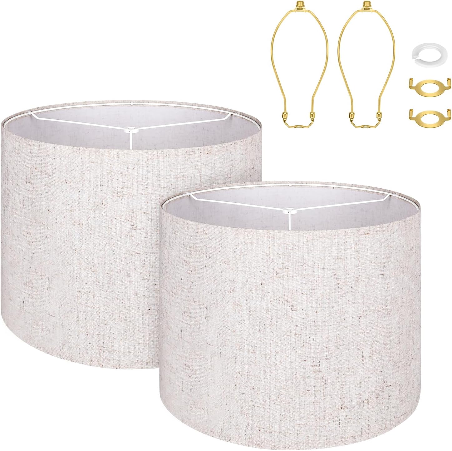 Large Brown Lamp Shades Set of 2, Natural Linen 16" Top X 16" Bottom X 12" Height Lampshade Fits for Home Bedroom Living Room Decor, Easy Assembly Required Lamp Shade Holder Included Spider Fitter Brown 16X16X10