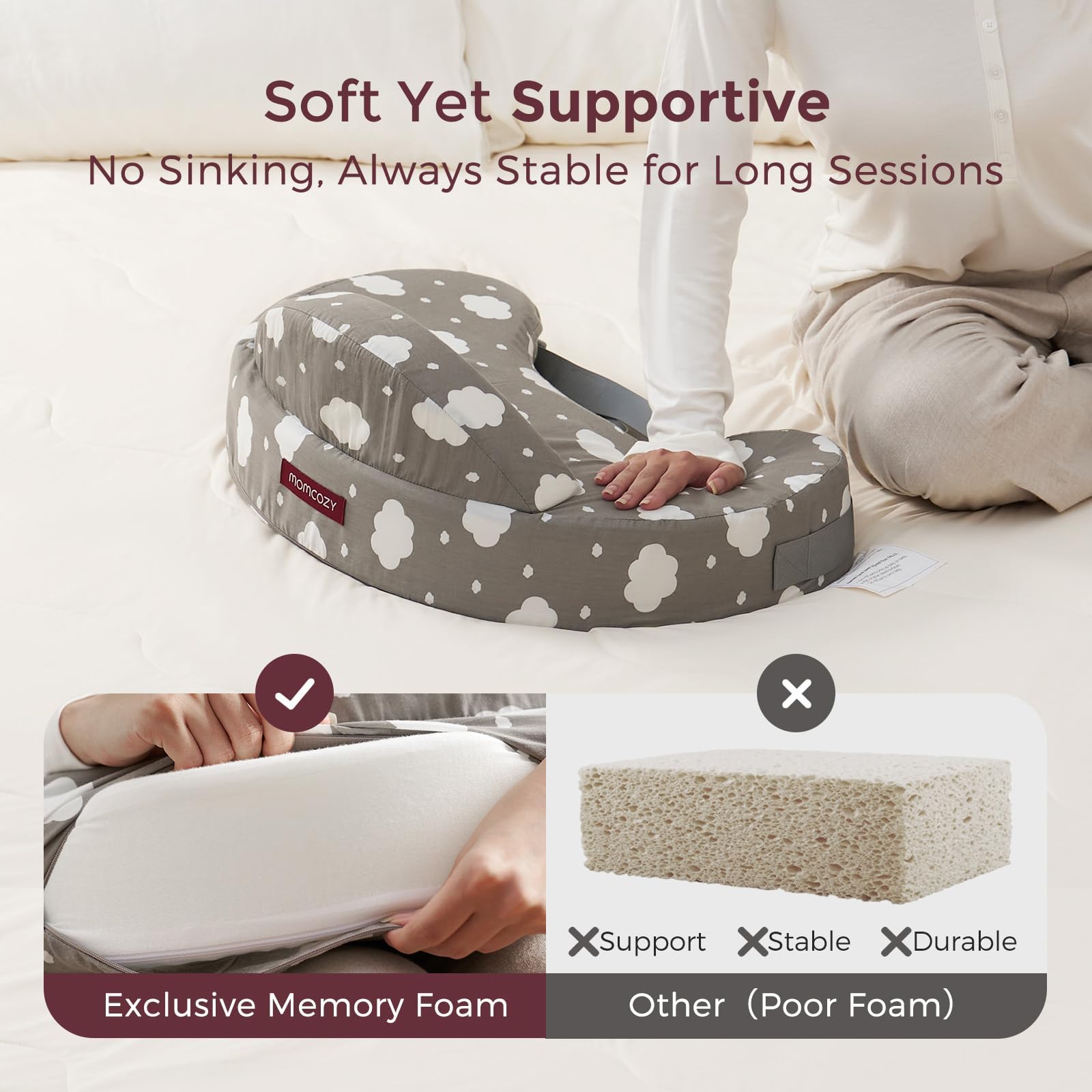 Momcozy Poduszka do karmienia z podparciem bezpieczeństwa – mocna i sprężysta pianka memory – stabilne, ergonomiczne podparcie i komfort – szersza poduszka do karmienia, regulowana, zdejmowana