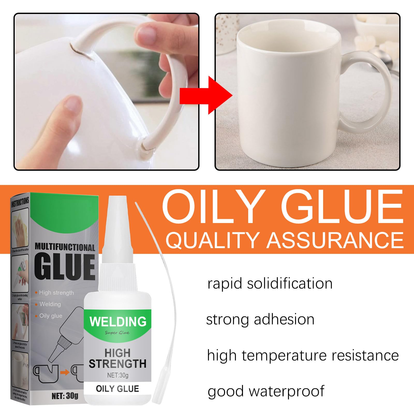 2 Pack Instant Strong Ceramic Glue for Porcelain and Pottery Repair 30g - Welding High-Strength Oily Glue Ideal for Glass, Plastic, Metal, Rubber, and DIY Crafts