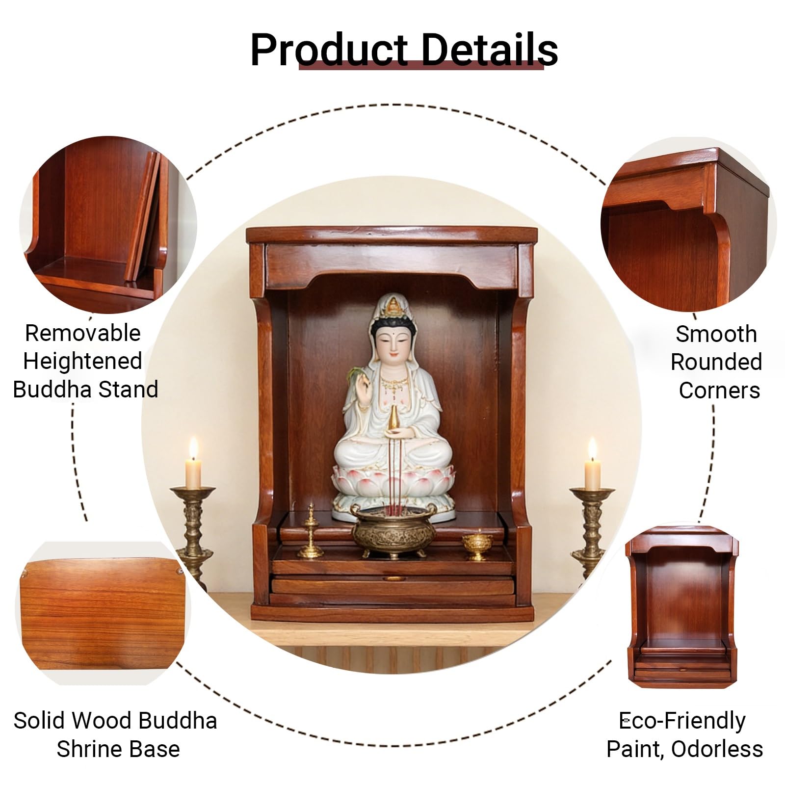 Mesa de altar budista, montado en la pared/escritorio, armario de meditación para oración e incienso tributo con estatua de Guan Gong y Dios de la Riqueza