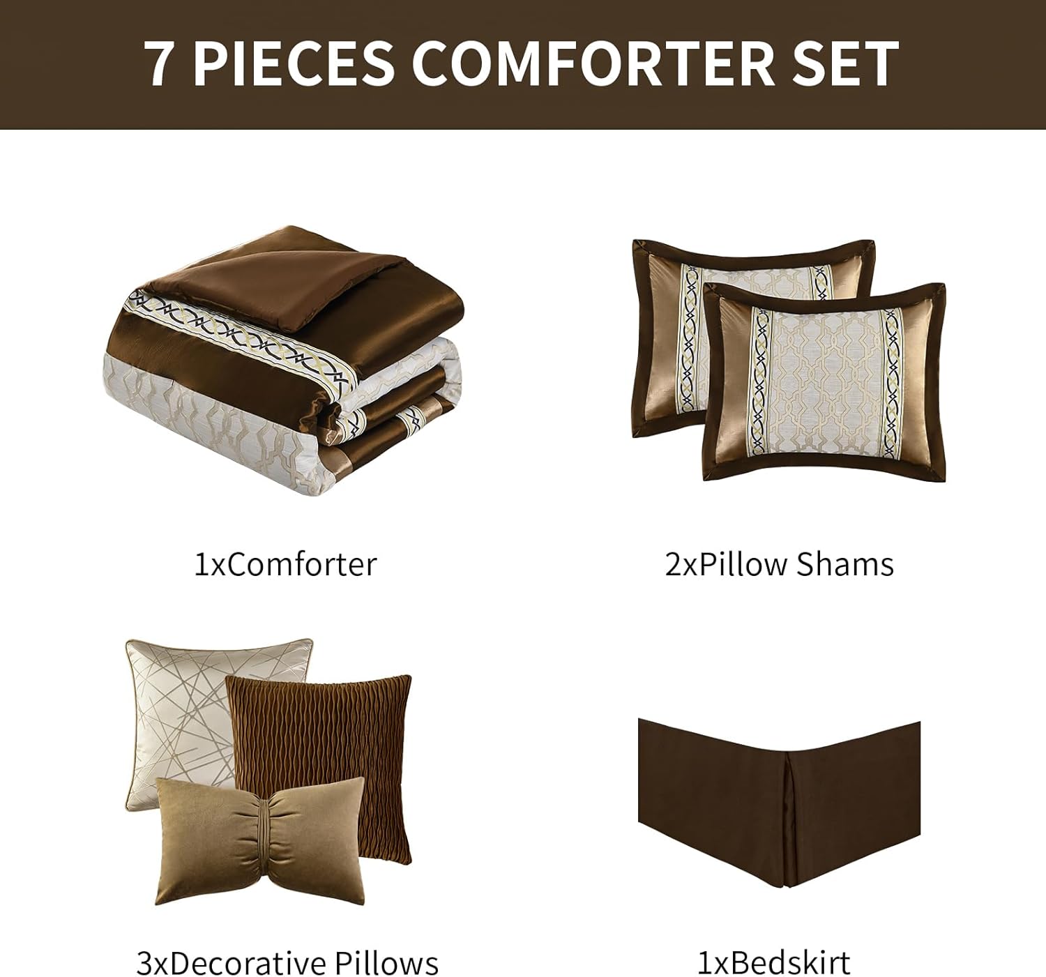 Bedduvit Luxury 7 Piece Bed in Bag Queen - Elegant Jacquard Design Thick Queen Comforter, Chic Genuine Patchwork Striped Bedding Comforter Sets with Bed Skirt, Decorative Pillows, Shams, Brown/Beige