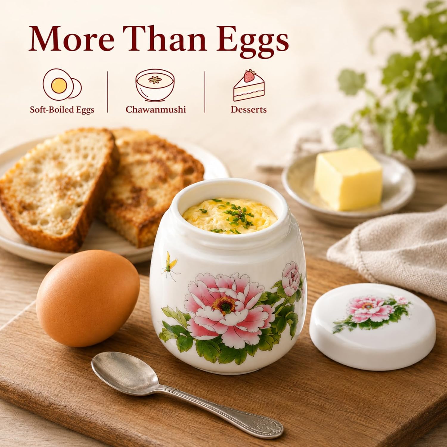 Egg Coddler Set with Lid - Ceramic Egg Cooker, 220ml Porcelain Egg Coddler with Lid, Soft Boiled Egg Maker for Breakfast, Steamed Egg Dish, Single or Double Egg Cooking, Chawanmushi Cups