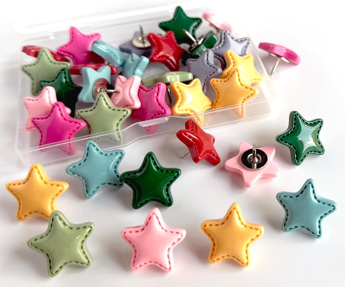 KEYDUACU Cute Push Pins,24Pcs Star Thumb Tacks,Push Pins for Bulletin Board | Colorful Star Decorative Push Pins for Bulletin Board, Photos Wall Maps,Desk Accessories for School Offices Decor