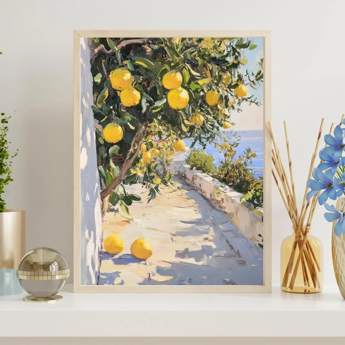 GOSRD Canvas Paintings Coast with Lemons Poster Italy Mediterranean Cityscape Wall Art Rustic Kitchen Prints for Room Decor(60x80CM/Frameless)