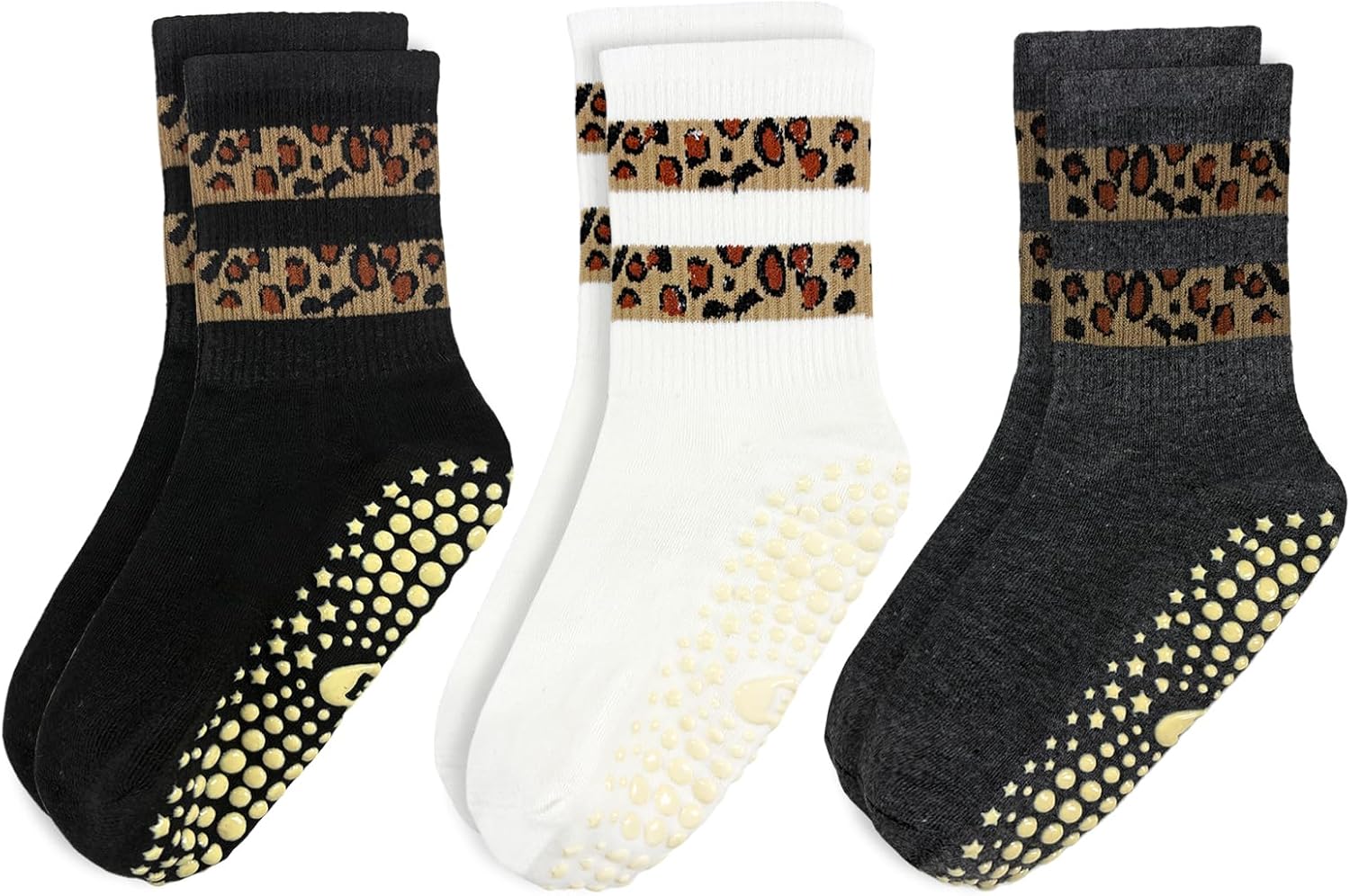 3 Pairs Pilates Grip Ankle Socks for Women – Leopard Striped Cute Yoga Socks, Non Slip Barre Grip Socks for Workout