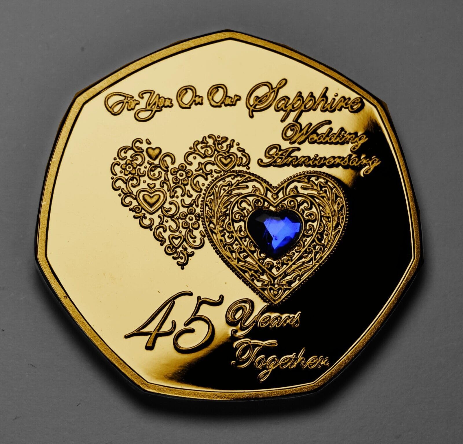 The Commemorative Coin Company Our 45th SAPPHIRE WEDDING ANNIVERSARY 24ct Gold Commemorative. Sapphire Diamante Gemstone. Gift/Present/Husband/Wife. Forty-Five 45 Years Together.