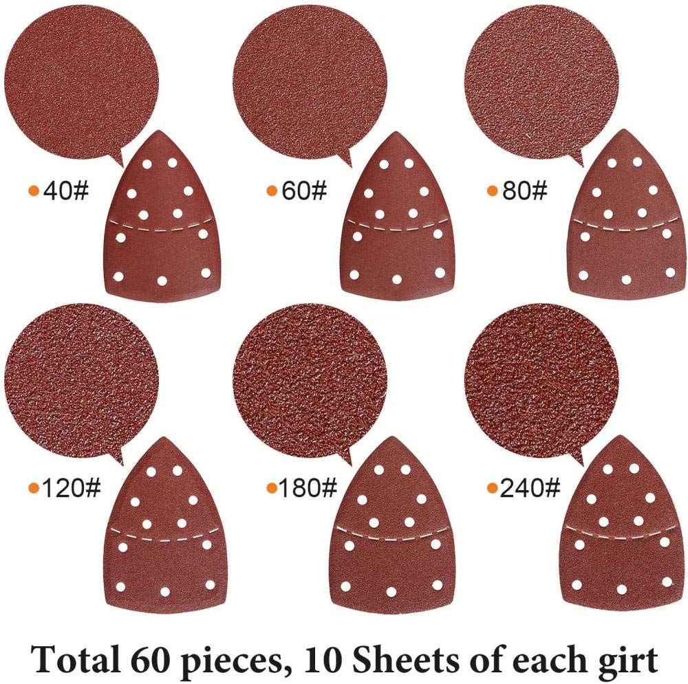 60pcs Mouse Sanding Sheets Hook Loop Sander Pads Sandpaper Assorted 40/60/80/120/180/240/ Grits Fit For Multi Sander,40 Grit