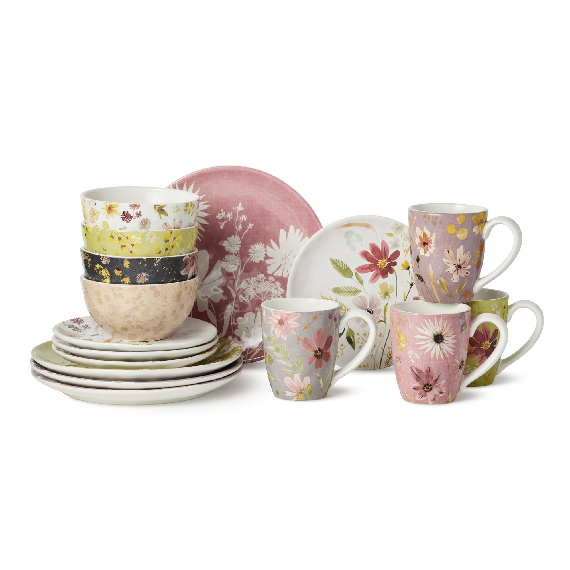 Wildflowers Ceramic 16-Piece DINNERWARE SET, SERVICE for FOUR, with Floral Watercolor Dinner Plates, Salad Plates, Mugs and Ice Cream Bowls, Artistic Garden-Inspired Botanical Tableware