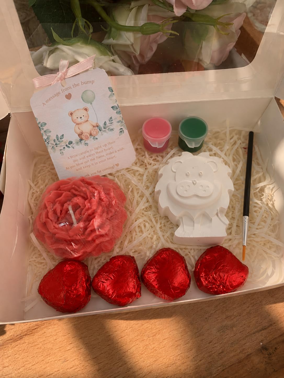 divine senses Birthday Return Gift for Kids DIY Baby-Themed Gift Box – Paint & Create Kit 1 Rose Candle 1 Lion 4 Chocolate with Box Ribbon and Thank You Customise Card-picture-19