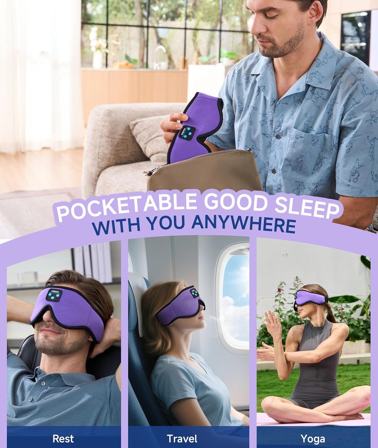 Voerou Bluetooth 3D Sleep Mask with Headphones, Wireless Adjustable Eye Mask Sleeping Headphones with Ultra-Thin HD Stereo Speakers, Suitable for Sleep Office Naps Travel, New Technology Gadgets