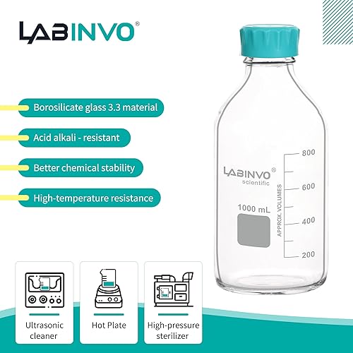 Miniatura 7 de Botellas redondas de vidrio, 12 piezas de botella de almacenamiento de reactivo de vidrio de borosilicato vol.3.4 fl oz con tapón de rosca GL45,