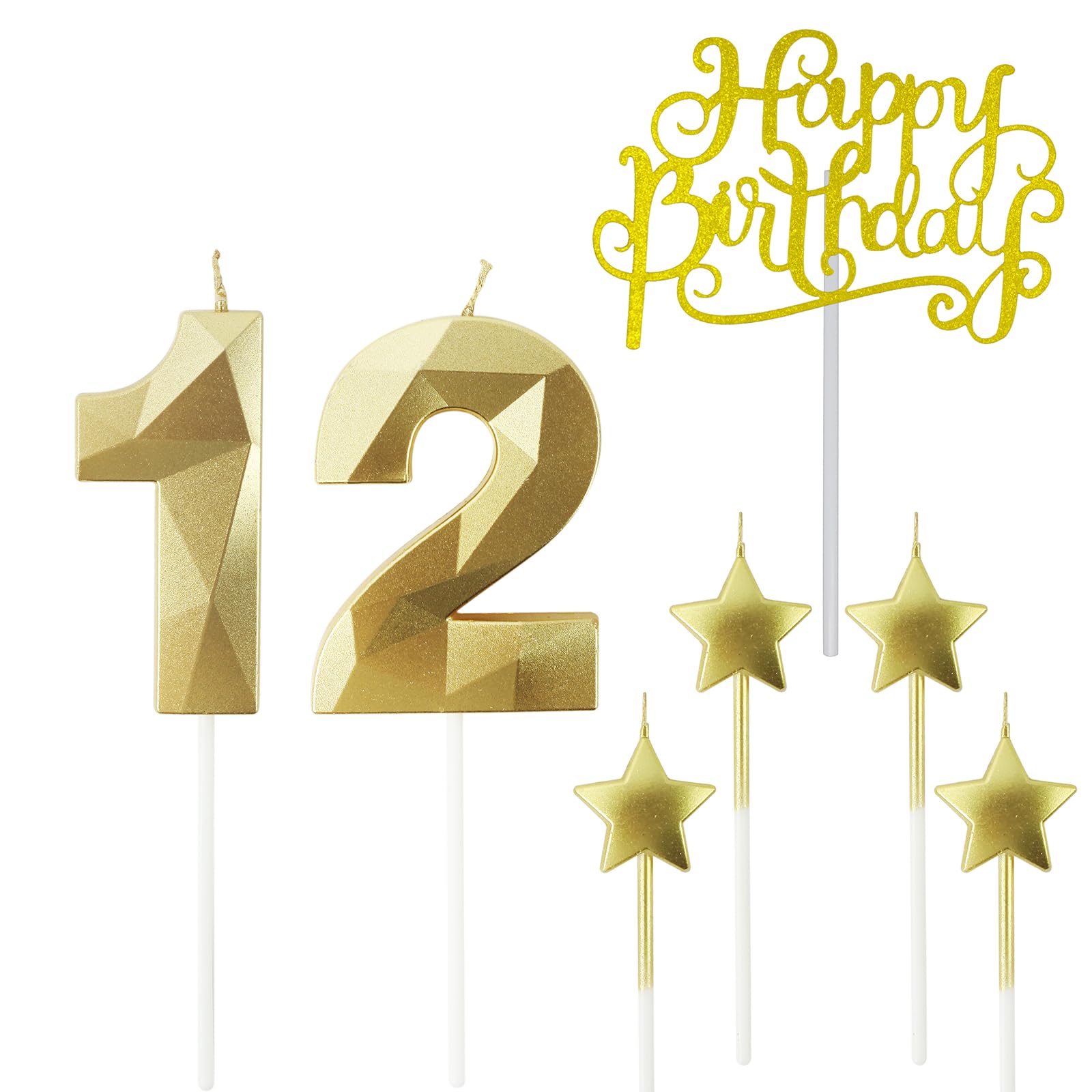 Velas de cumpleaños doradas del número 12 y velas de cumpleaños de estrella de 2.75 pulgadas, velas de pastel de cumpleaños 3D en forma de diamante son adecuadas para fiestas de cumpleaños y