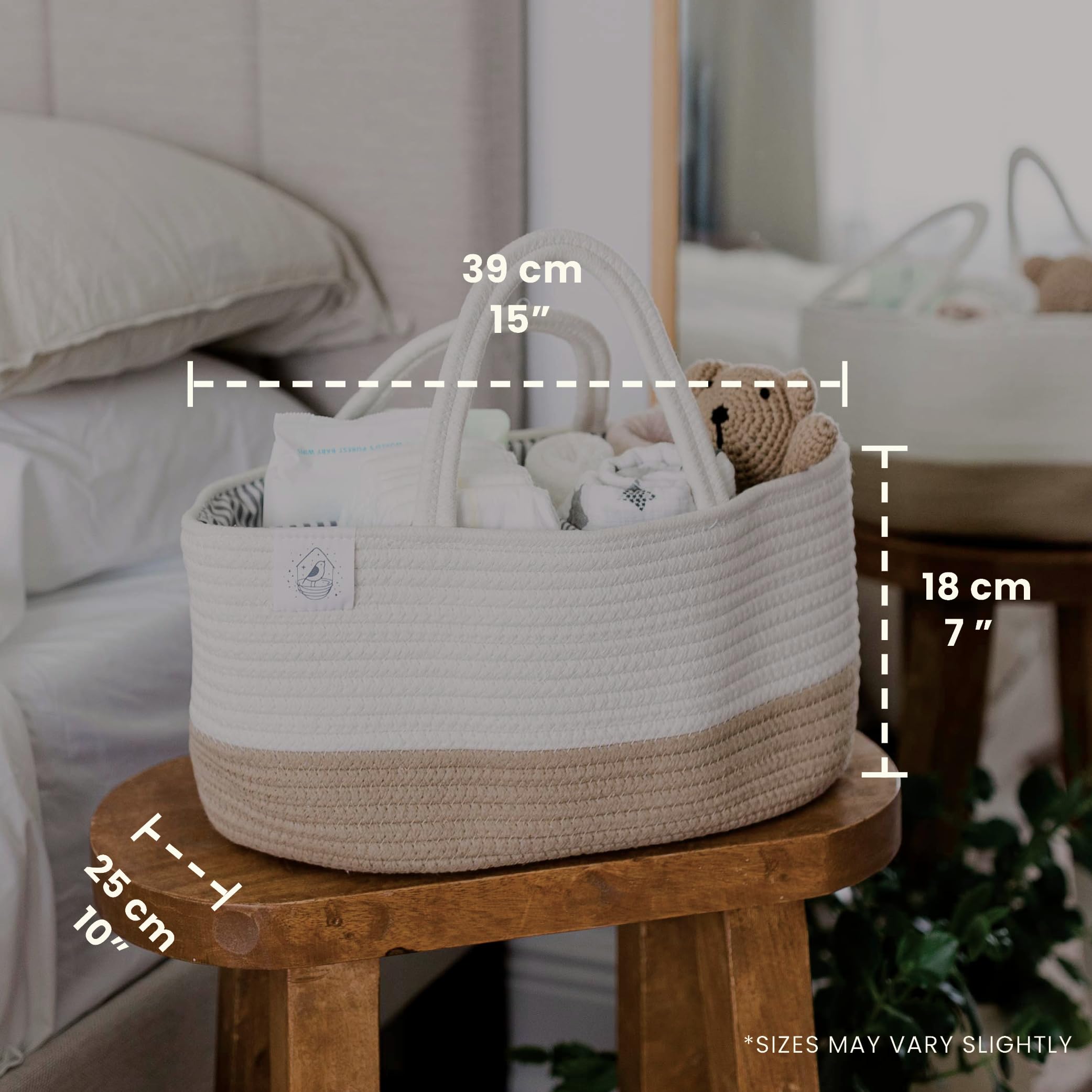 OrganiHaus Panier Rangement en Corde pour Bébé - Organiseur à Couches, Articles de Puériculture et Cadeaux Nouveau-Nés, avec Poignées - Miel/Blanc