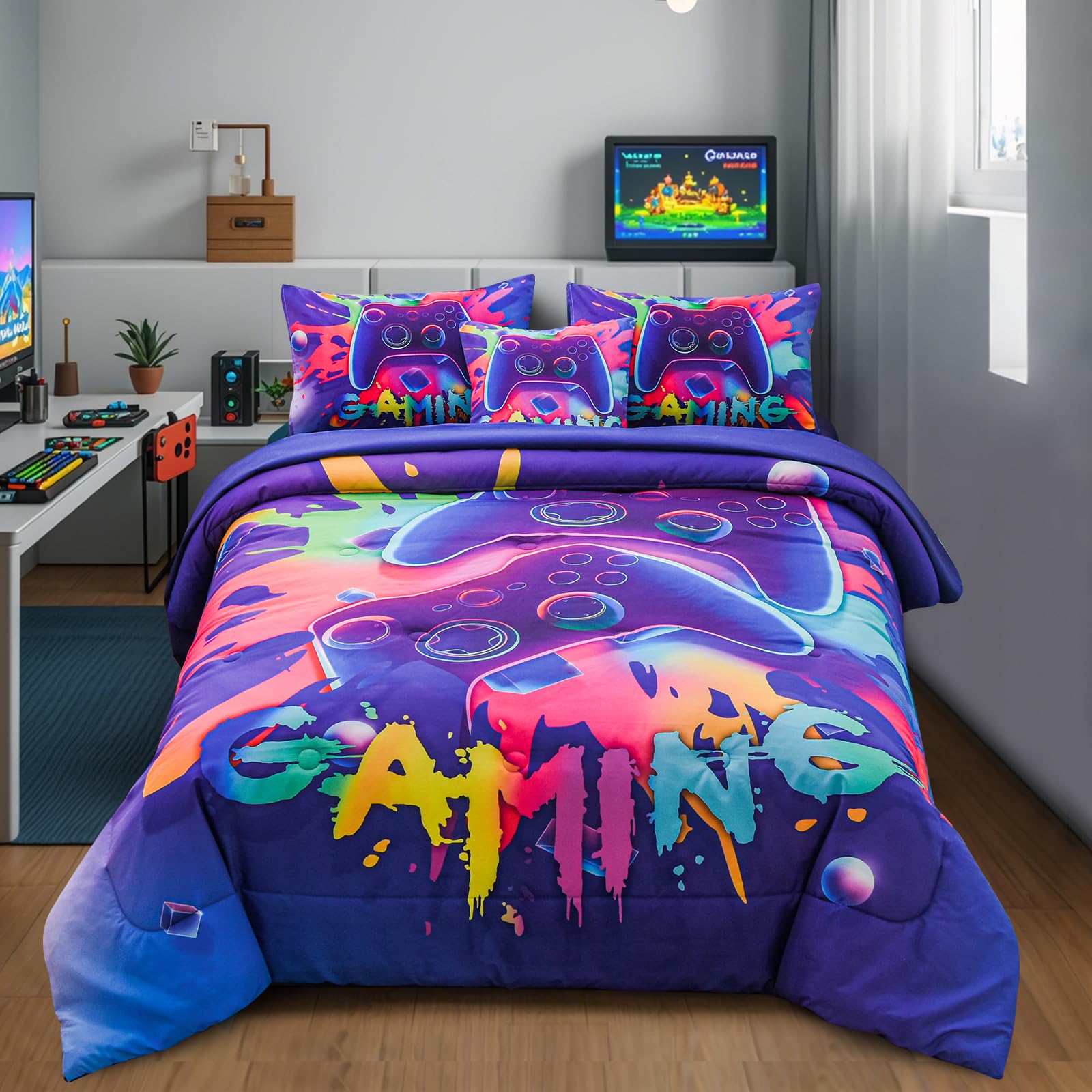 Aimuan Gamer Gaming Bedding Sets 3D Gamepad Comforter Sets for Boys Games Console Action Buttons Novelty Colorful Game Controller Modern Room Decor