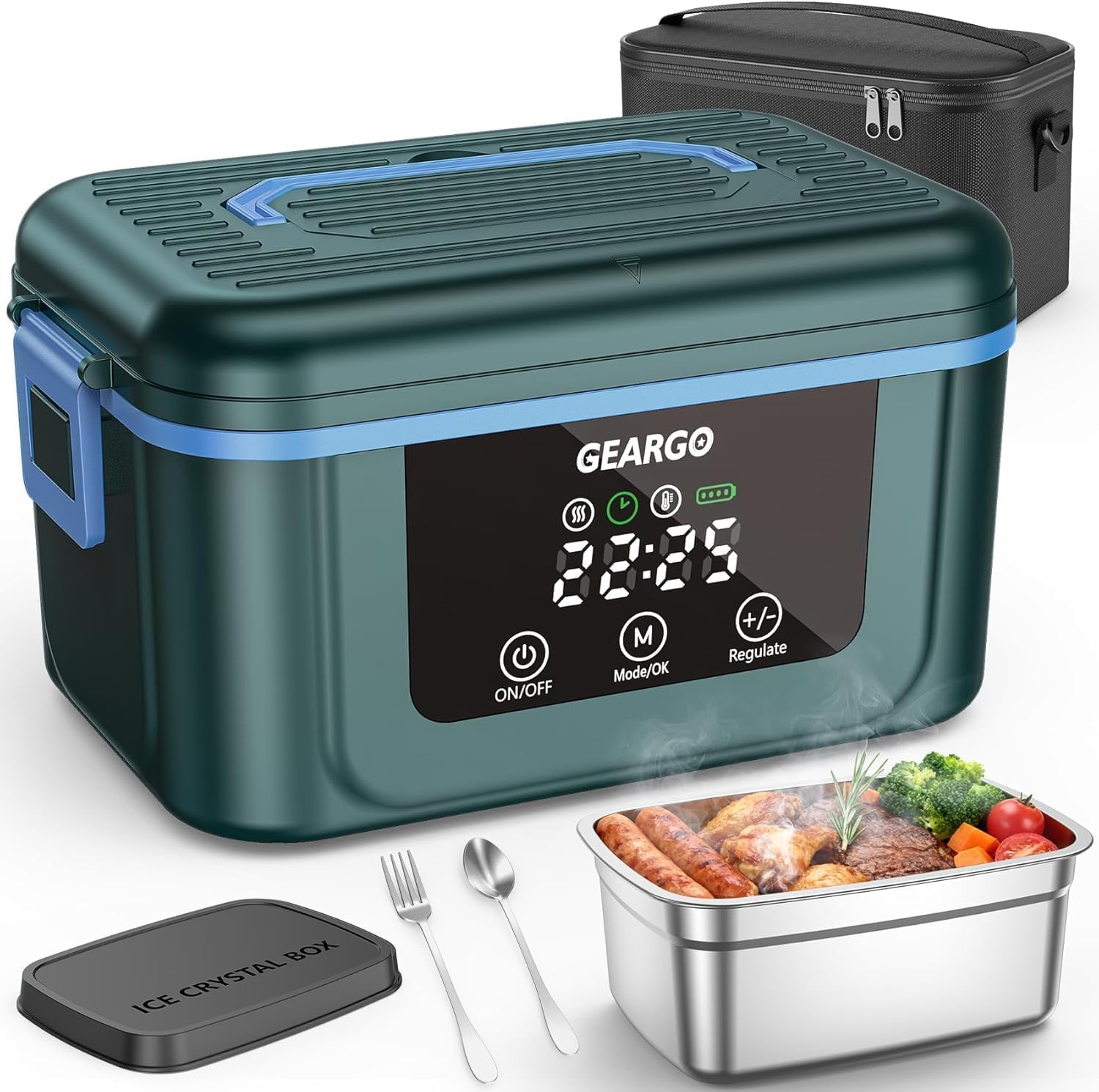 GEARGO 𝟐𝟎𝟐𝟔 Cordless Electric Lunch Box for Adults, 6 Cups & 24000mAh Rechargeable Heated Lunch Box with Ice Crystal Box, 24 Hours Scheduled Self Heating Lunchbox For Men Women(Blue)