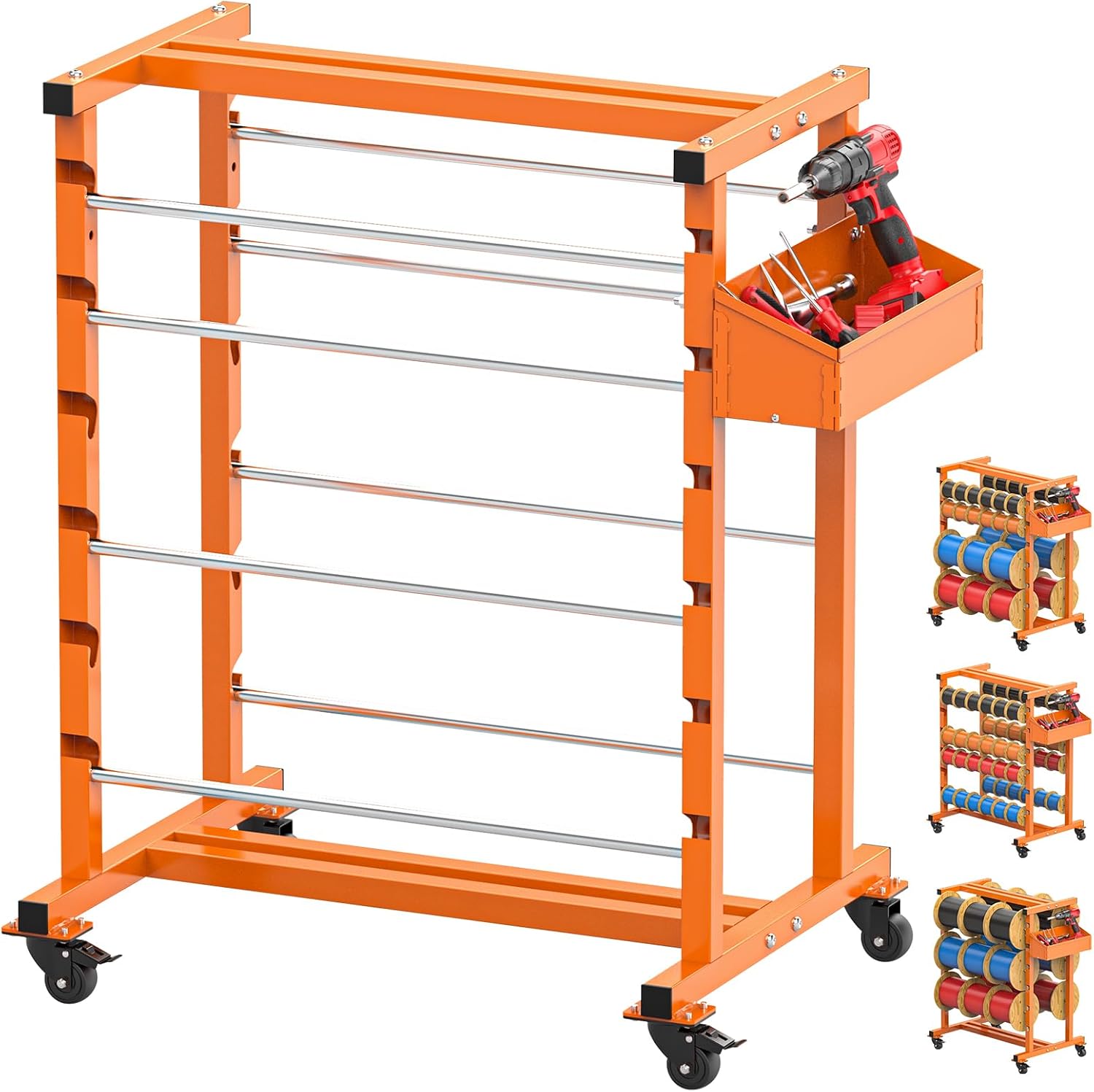 Upgraded Wire Spool Rack 8 Rod Cable Caddy Adjustable Wire Spool Holder with Locking Wheels 400 Lbs Capacity Cable Dispenser for Electrical and Industrial Use (Orange)