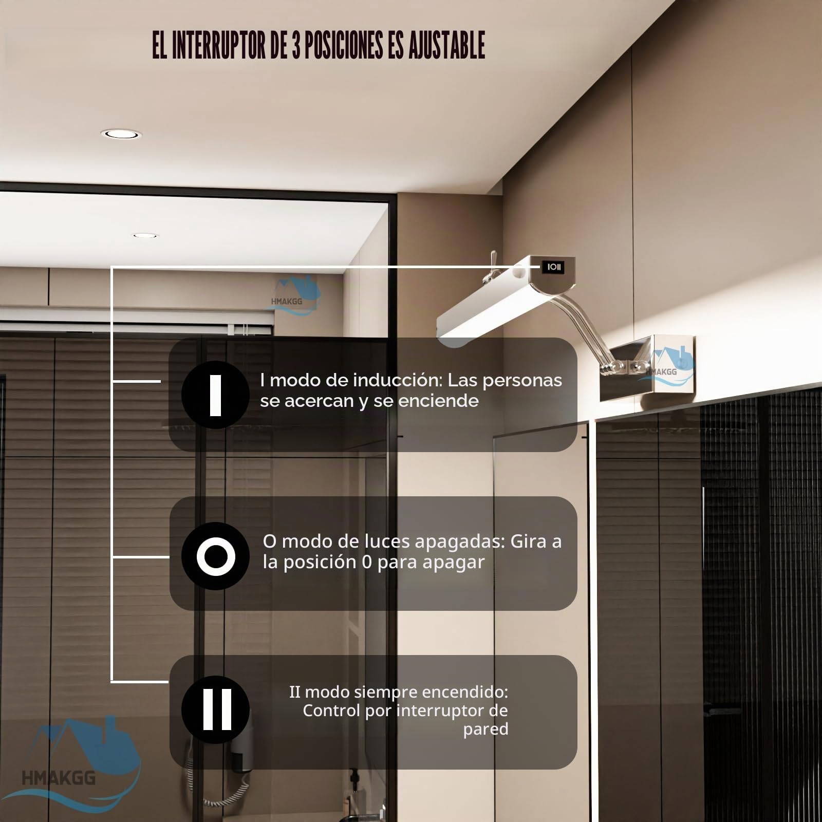 Aplique Espejo Baño con Sensor de Movimiento, Lampara Espejo Baño LED con Interruptor, 240° Giratorio Luz Baño Espejo Acero Inoxidable, 6000K, IP44, 29CM/6W