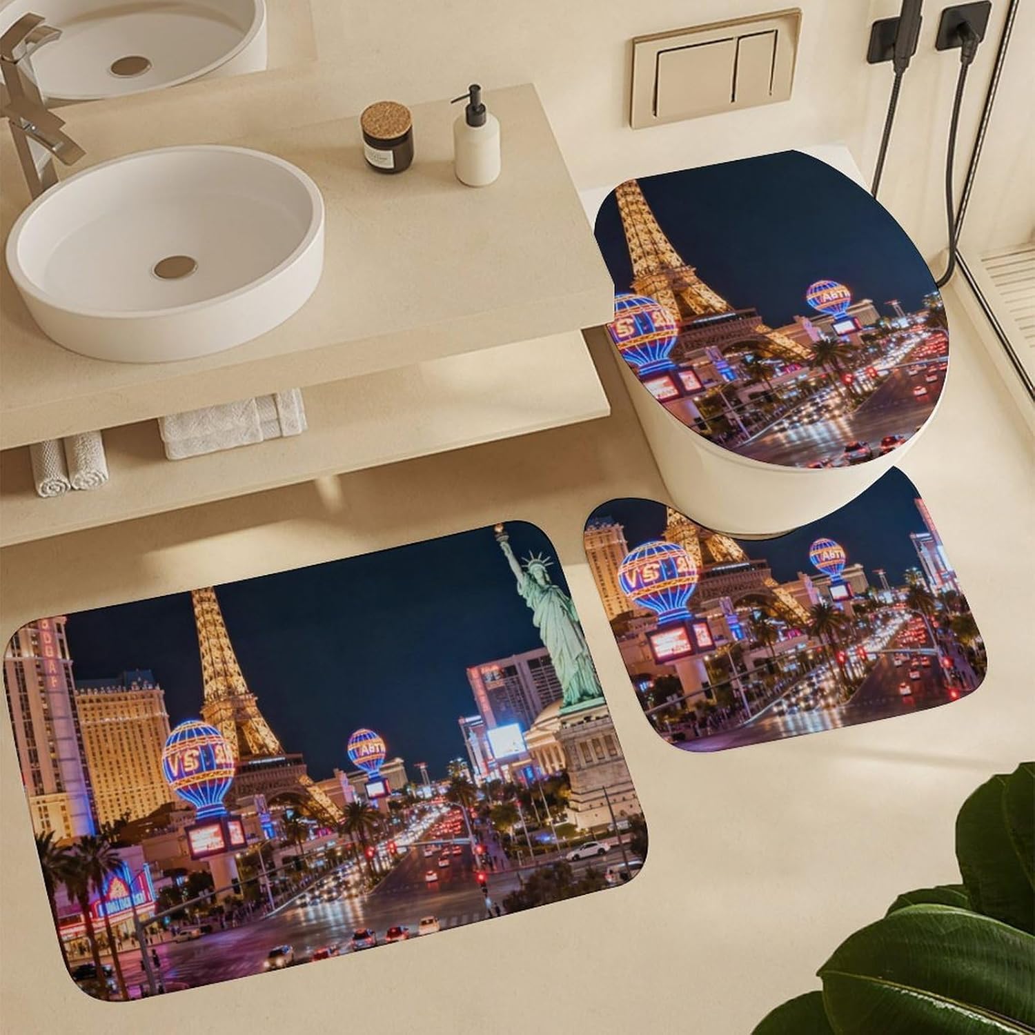 4 Piece Bathroom Rug Set with Shower Curtain, Non-Slip Bath Mat Toilet Cover Set, Night View Bathroom Rug Sets