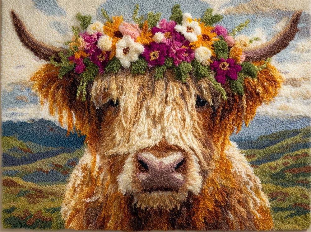 FWRTYCB Latch Hook Rug Kit Highland Cow Wearing A Flower Wreath 20X15Inch Carpet Ma