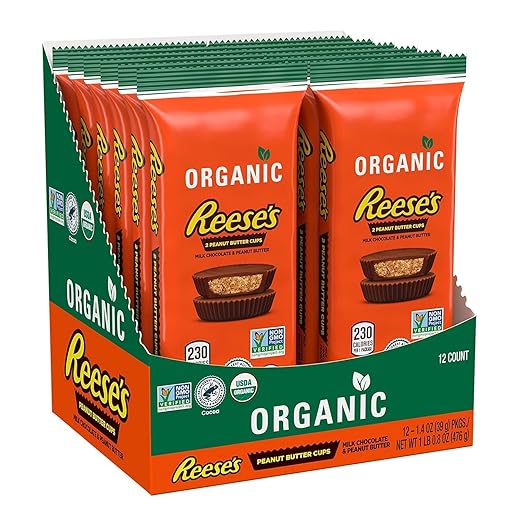 Organic Reeces Milk Chocolate and Peanut Butter Candy Bars - Contains 2 Reeces Peanut Butter Cups - 12 Packs Of 1.4oz Recessed Peanut Butter Cups Chocolate Bars - Ideal Chocolate for Couples and Sharing With Friend - Organic Chocolate Milk Candy Bar