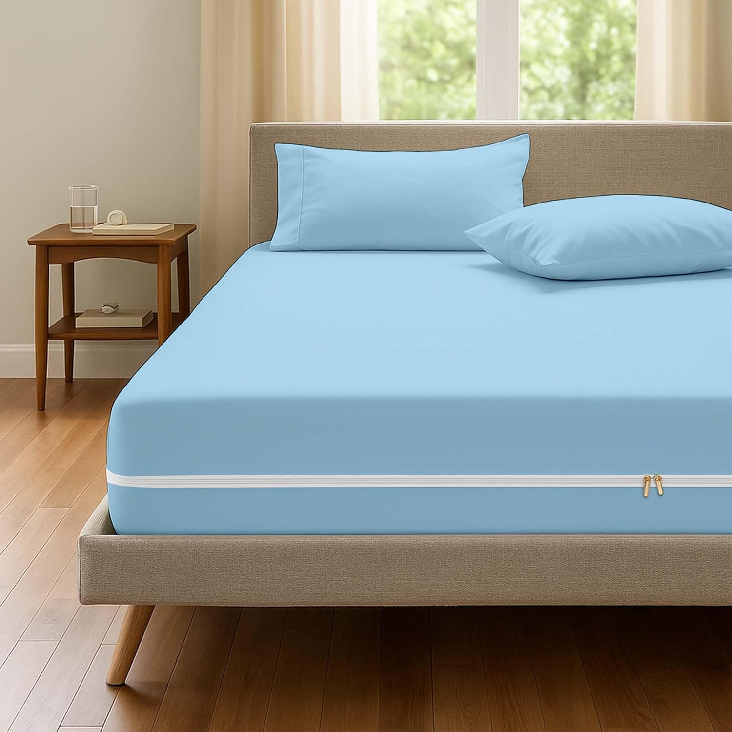 Zipper Fitted Bottom Sheet Twin-10 Inch Deep Pocket, 1800 TC Microfiber, Wrinkle-Free, Breathable & Secure Fit Fitted Style Mattress Cover Light Grey Solid