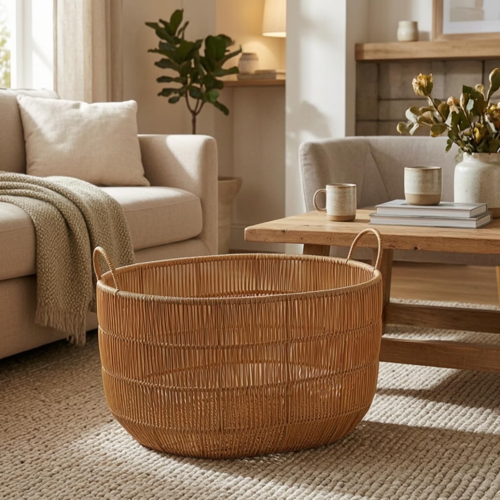 Cesto in Rattan Traspirante Contenitore | Decorativo, Robusto, Cesto Portaoggetti con Manici, per Soggiorno, Neonati