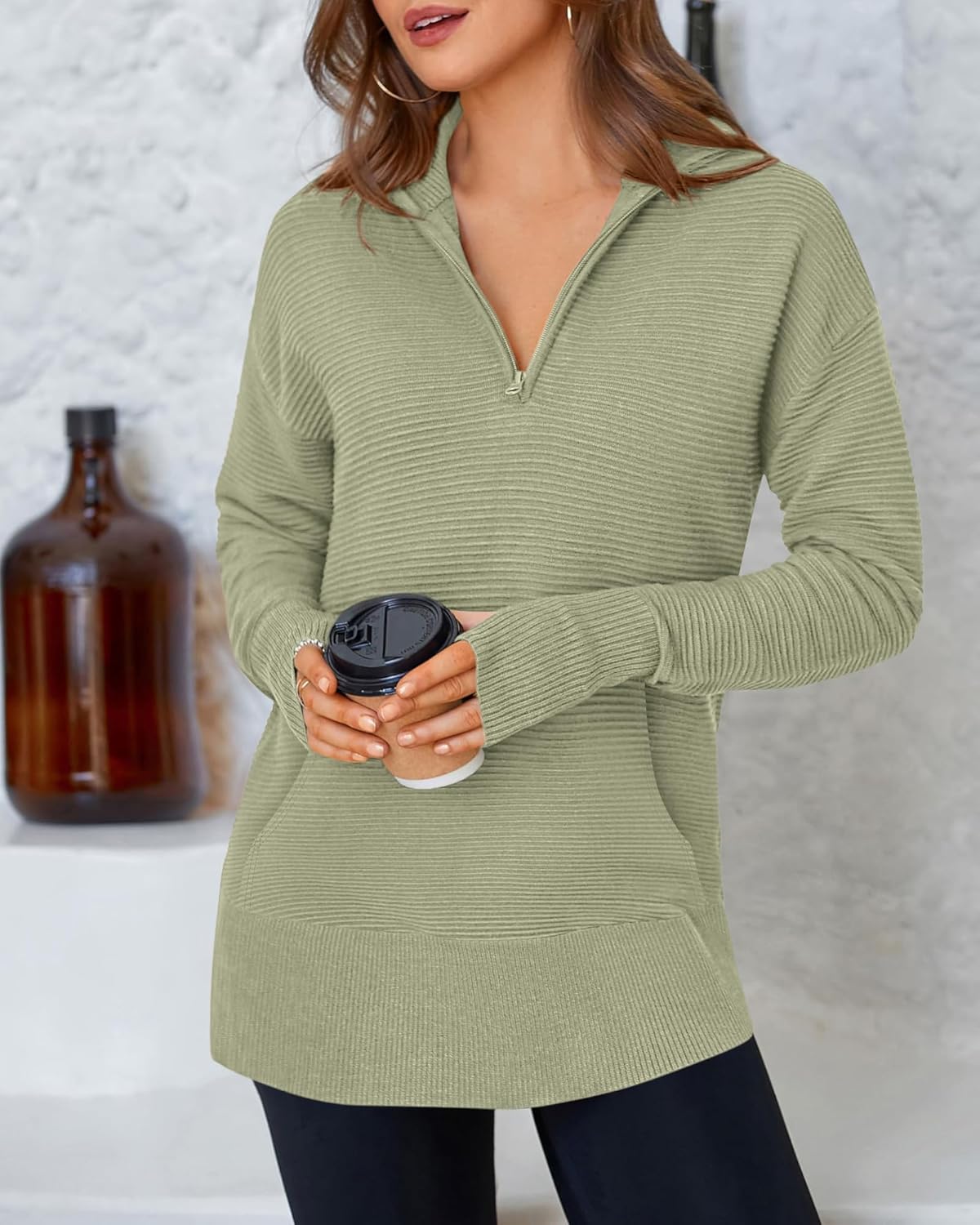 BTFBM Sweaters for Women Fall Clothes 2026 Pocket Quarter Zip Pullover V Neck Long Sleeve Knit Trendy Winter Sweater - Image 3