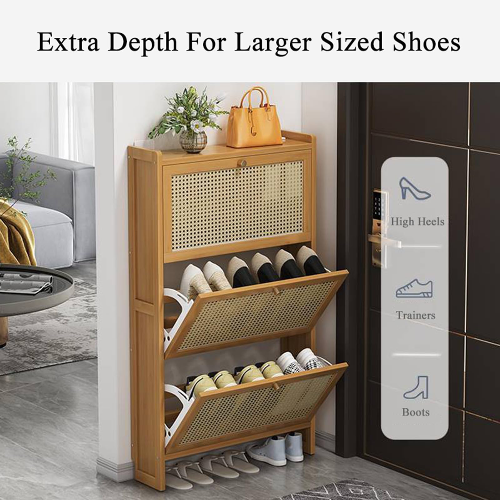 Zapatero estrecho de bambú delgado de 6.7 pulgadas para entrada, almacenamiento que ahorra espacio con puertas abatibles para tenis y pantuflas (marrón, 68 x 17 x 87 cm), elegante y funcional