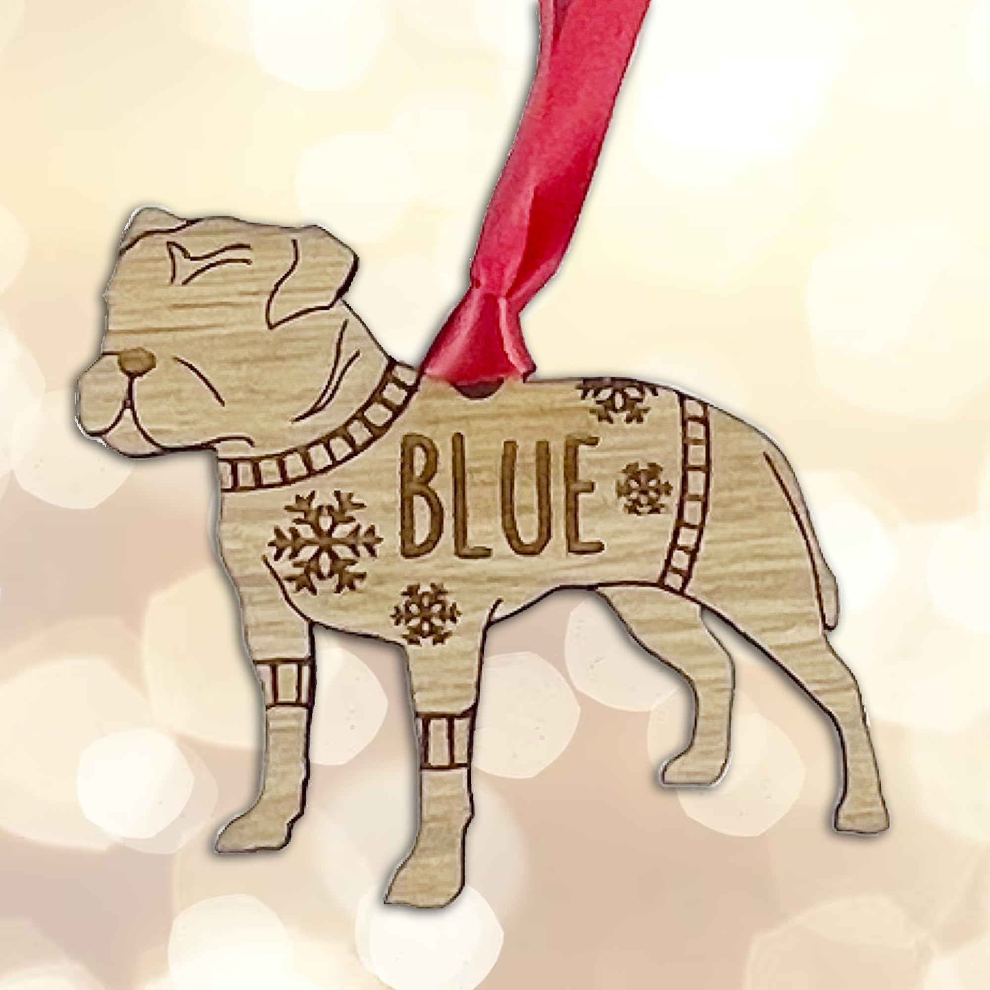 Personalised Staffy Dog Christmas Tree Bauble Decoration, Wearing a Dog Jumper Design with Snowflakes, Customised Puppy Hanging Ornament, Oak Veneer Wood with Red Ribbon