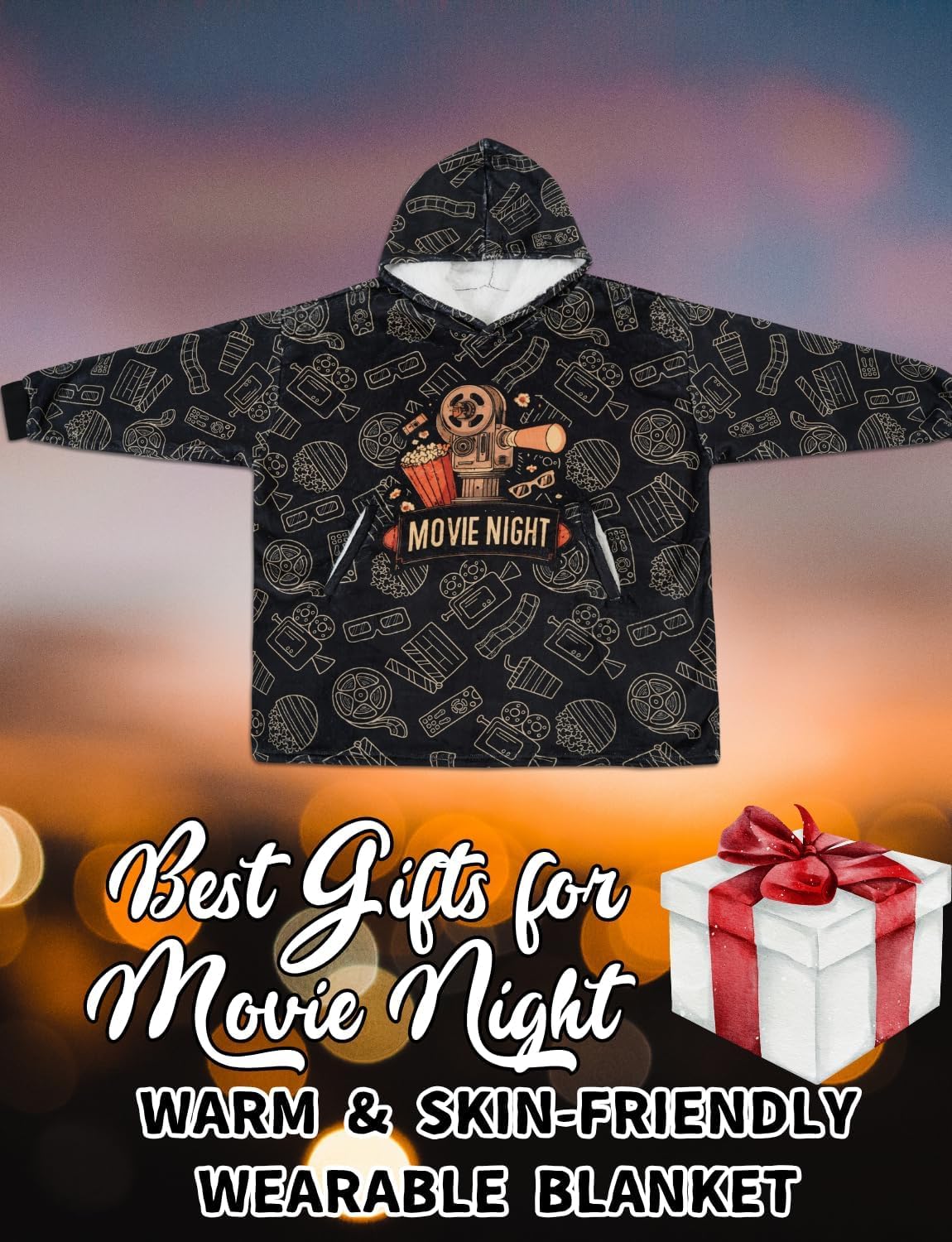Movie Night Gifts, Movie Night Wearable Blanket Hoodies for Adults for Birthday, Christmas, Oversized Flannel Hooded Blankets, One Size Fits All