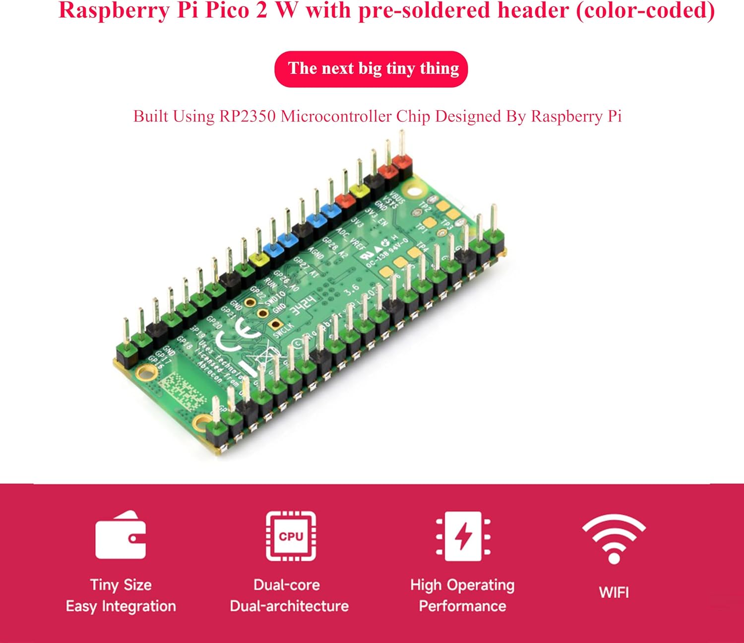 Pico 2 W with Color Coded Pre-Soldered Header Compatible with Raspberry Pi Pico 2 W Board+ USB Cable, 2.4GHz 802.11n WiFi and Bluetooth 5.2, RP2350 Chip Dual-Core& Dual-Architecture Design - 3