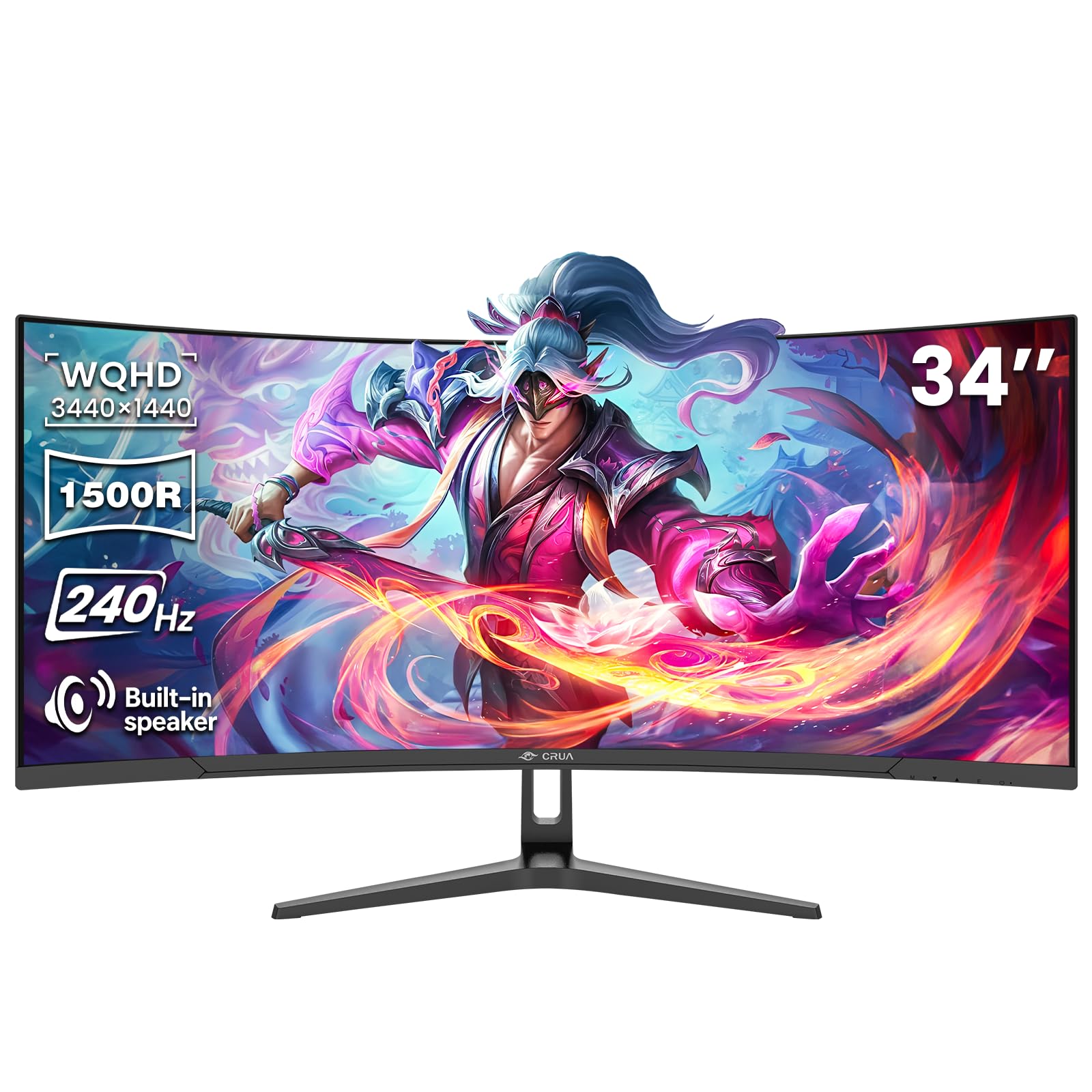 CRUA Moniteur de jeu incurvé 34 pouces, 240 Hz WQHD 3440 x 1440, UltraWide 21:9, 1500R VA, 120 % sRGB, FreeSync, haut-parleurs intégrés, idéal pour les jeux, la diffusion et l'utilisation au bureau