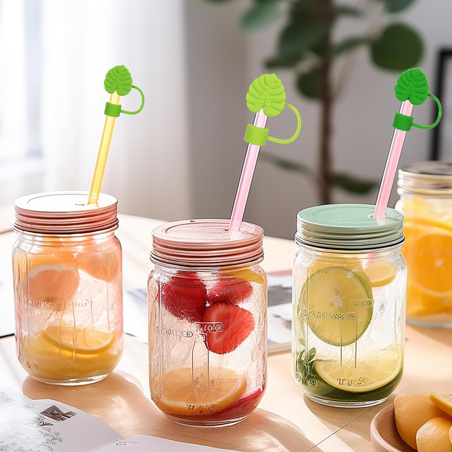 Whaline 4 Pcs Monstera Leaves Straw Cover Cap Green Tropical Palm Leaves Reusable Silicone Straw Topper 0.4 Inch Straws Tip Lid Protector for Summer Hawaiian Party Favors Supplies image 5