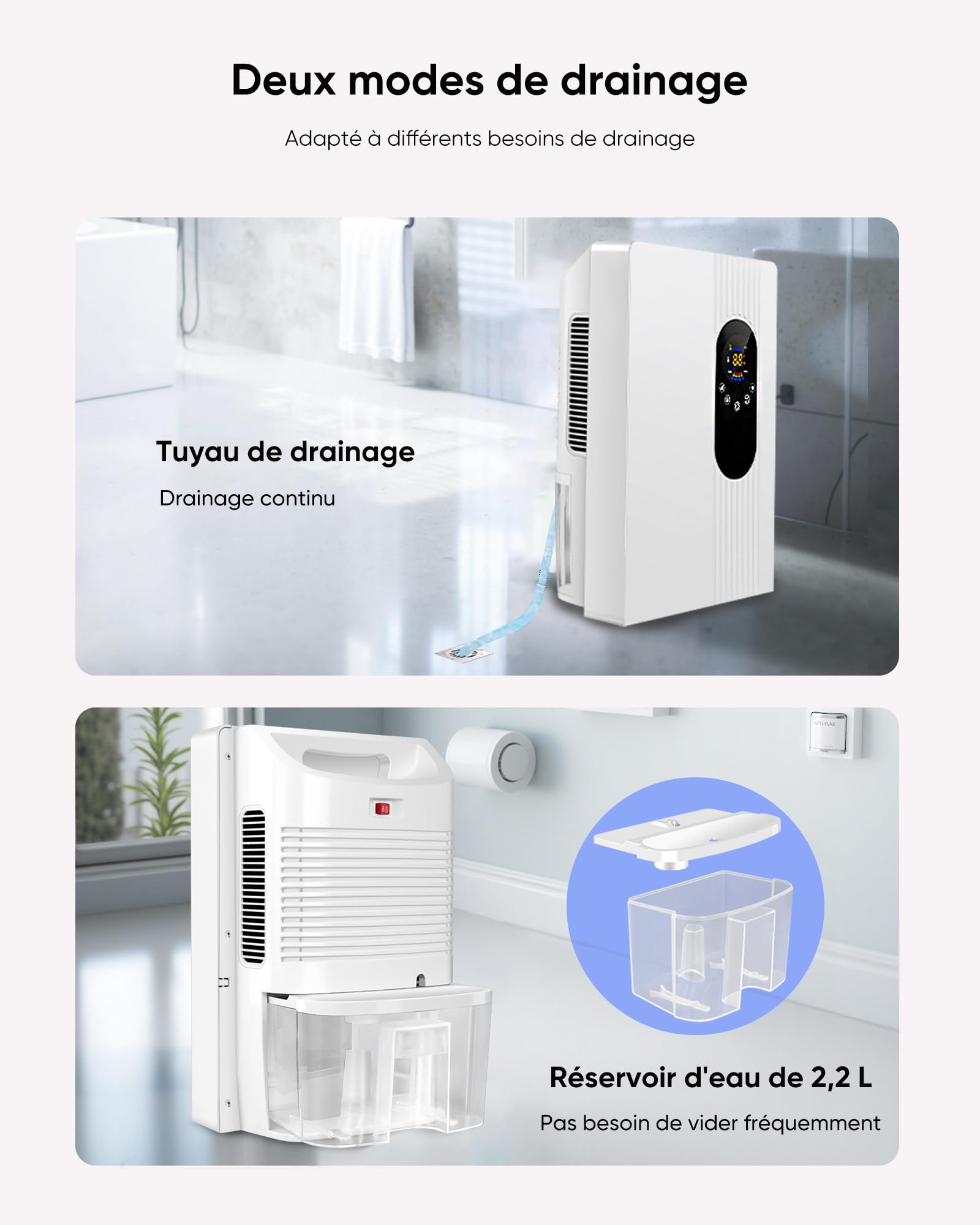 Deshumidificateur d air Electrique 2.2L Anti Moisissure, Éco Déshumidificateurs Maison Portable Silencieux avec Télécommande Dégivrage Arrêt Automatique, 24H Minuteur/Purification/Mode sommeil