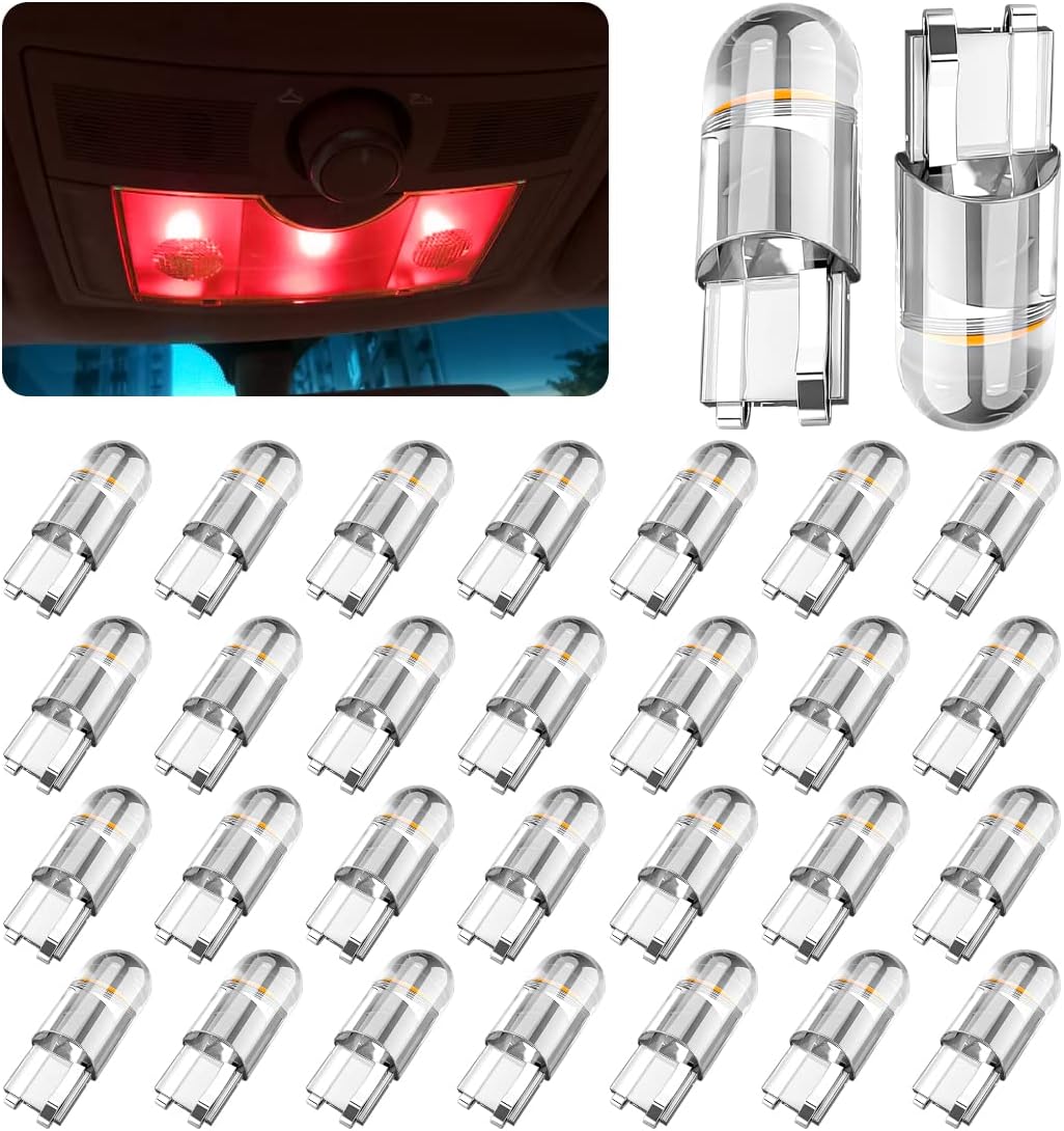 zipelo 30-Pack 194 LED Light Bulbs 6000K White, 168 2825 W5W T10 Wedge COB LED Replacement Bulbs, Dome Map Door Courtesy License Plate Lights, 0.36W 12V Error Free Interior Bulbs for Cars (Red)