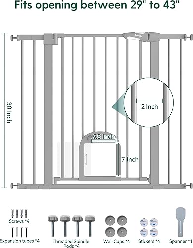 Miniatura 57 de Babelio Puerta para bebé con puerta ajustable para gatos, cierre automático de 29-43 pulgadas, puerta duradera para mascotas para escaleras, puertas