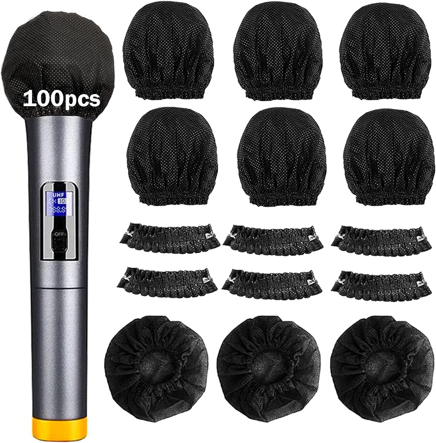 SUNPRO 100pcs Disposable Microphone Covers, Sanitary Non-Woven Mic Windscreens with High-Elasticity Band, Acoustically Transparent Pop Filter for Karaoke, Church, Stage Performance & Shared Mics