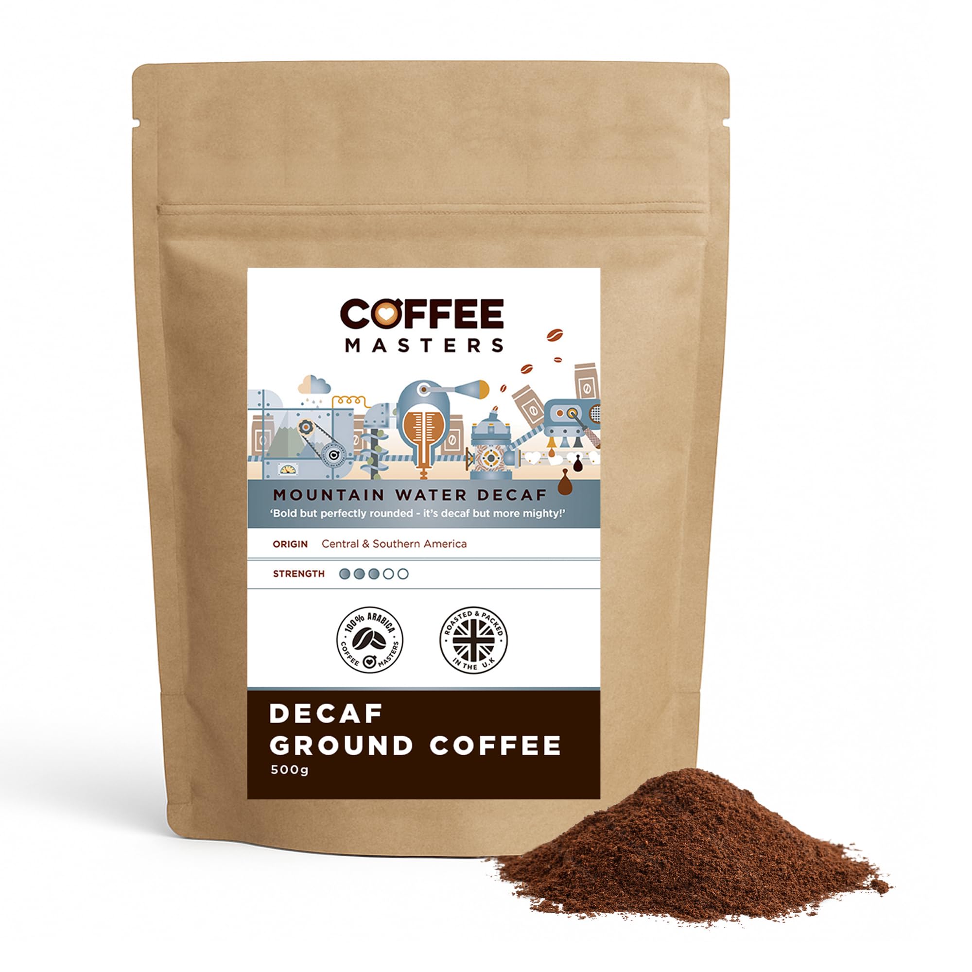 Mountain Water Decaf Ground Coffee 500g - 100% Arabica Beans - Espresso Suitable for Espresso Machines - Bold and Strong Flavour Decaffeinated Coffee Beans