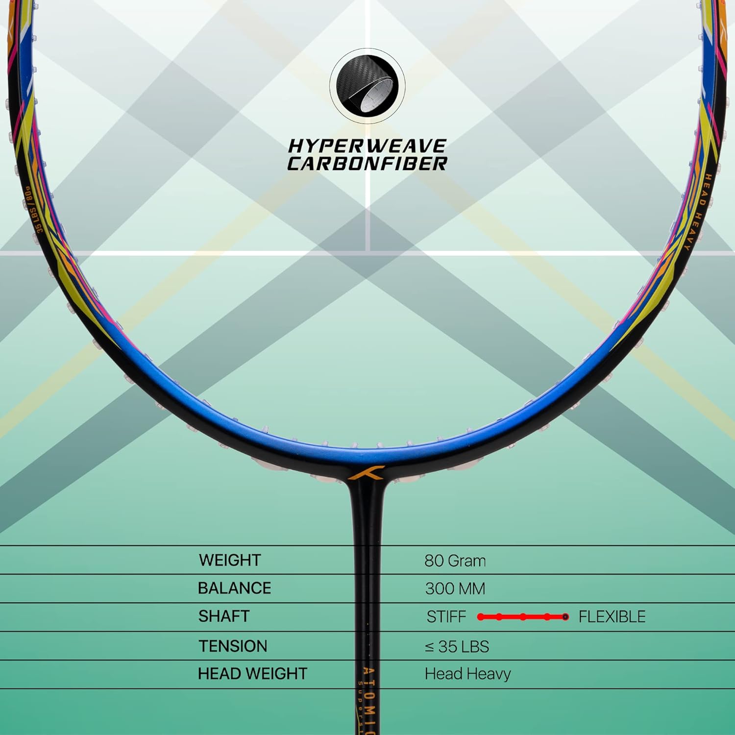 HUNDRED Atomic X 35 SPD Carbon Fibre Strung Badminton Racket with Full Racket Cover for Intermediate Players (82g, Maximum String Tension - 32lbs)