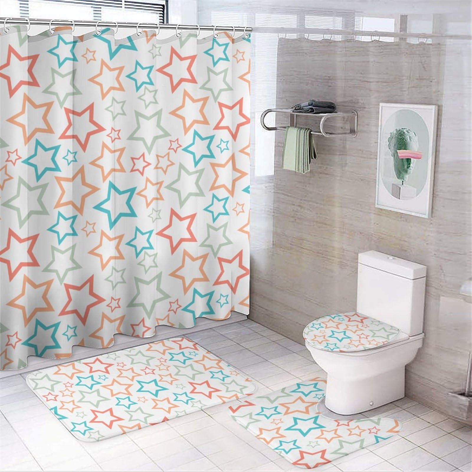 Rideau de douche décoratif et tapis de bain assortis pour moderniser la salle de bain familiale