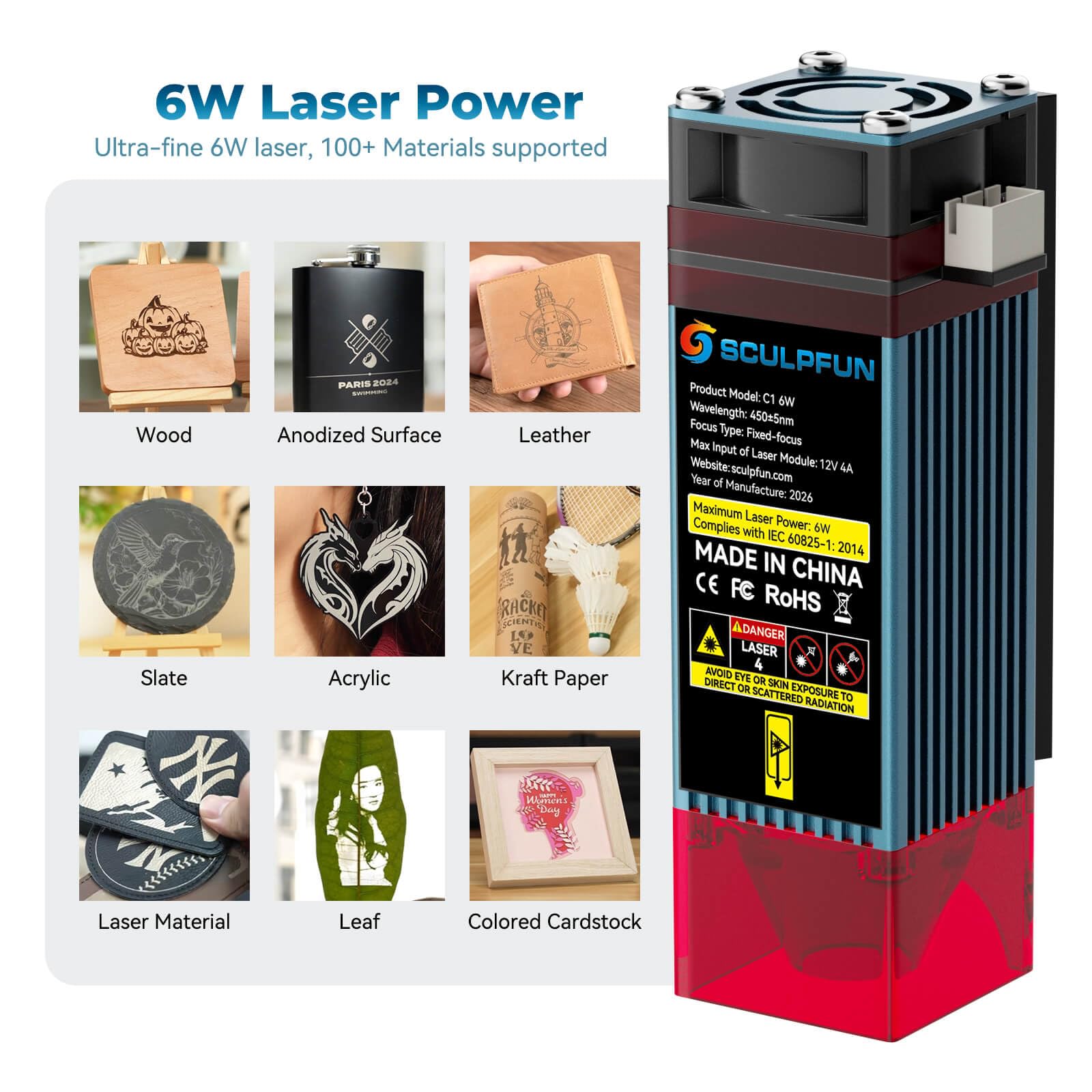 SCULPFUN C1 6W Laser Graviermaschine mit RA Mini Laser-Rotationswalze | Tragbarer Lasergravierer Laser Cutter 0,06 mm ultrafeinem Spot, Plug and Play, für Anfänger Profis