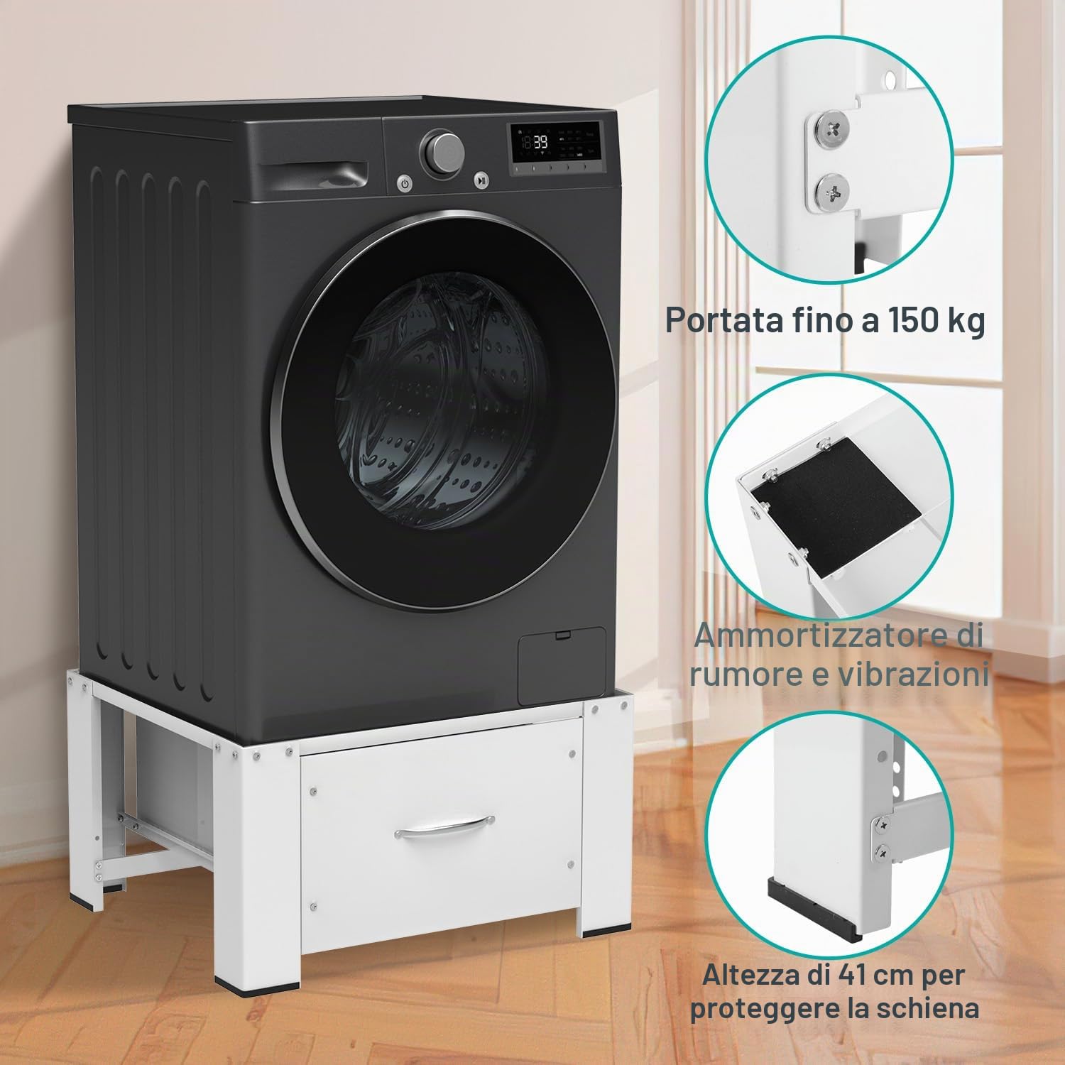 Herrselsam Base per lavatrice con cassetto 63 x 54 x 32 cm – Podio con strumento di montaggio, telaio stabile sul fondo, parte anteriore del cassetto 46 x 25 cm, isolamento acustico, per lavatrice e