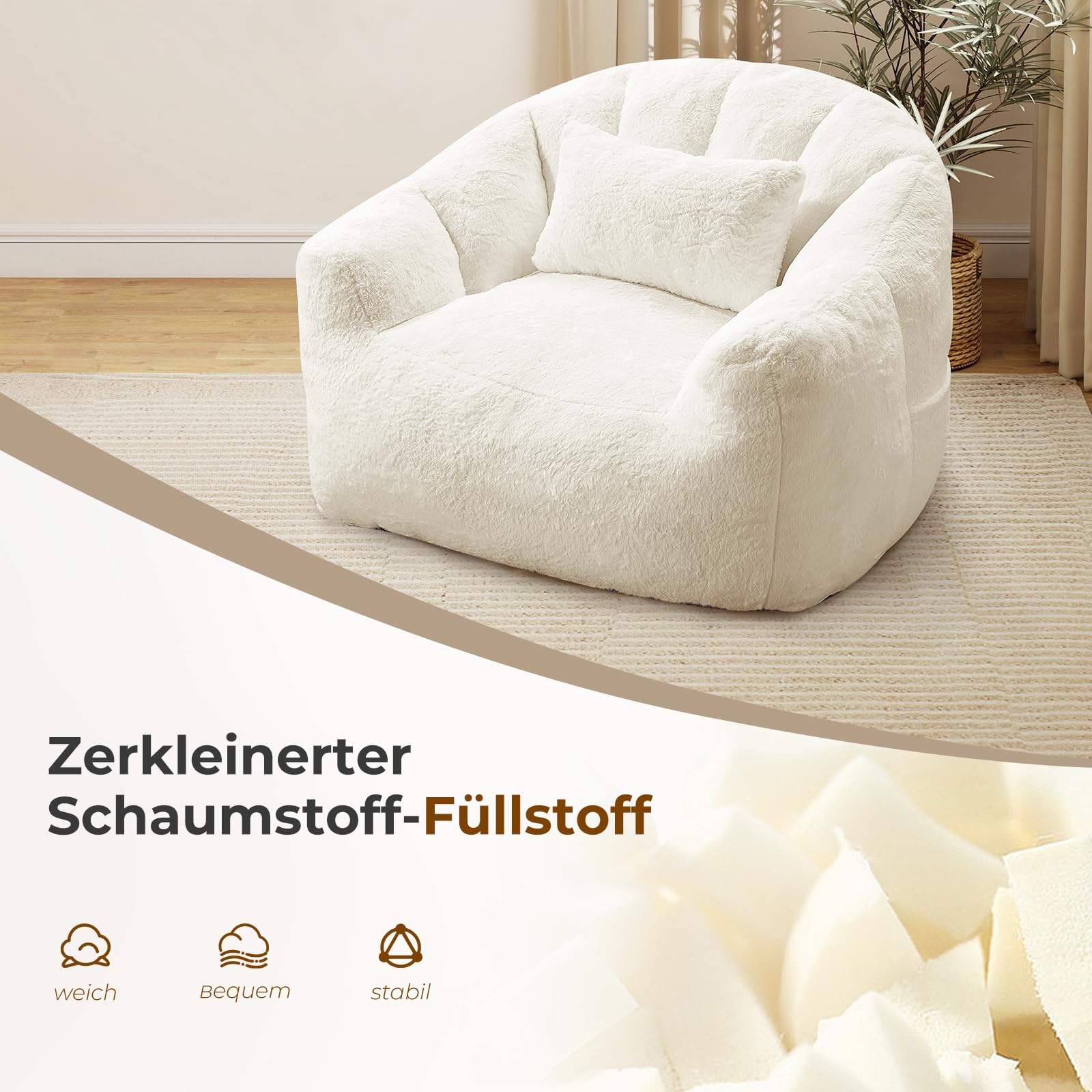 Sitzsack für Erwachsene, Flauschiger Loungesessel aus Kunstfell mit Kissen, Belastbarkeit bis 160 kg, Vakuumverpackt & ohne Montage, für Wohnzimmer, Schlafzimmer, Balkon, Weiß