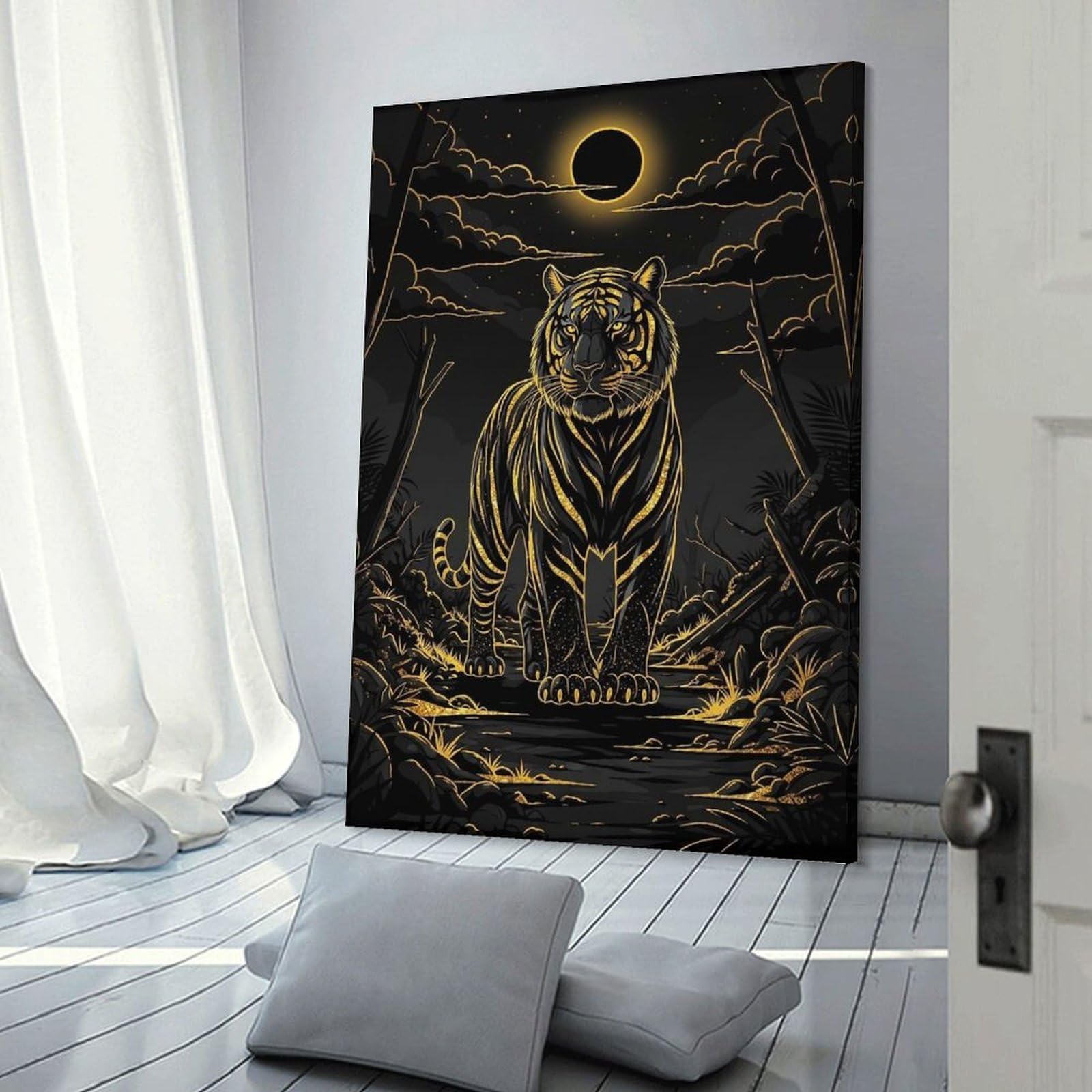 Junmoney Frame-Style-8-1 Golden Tiger In Moonlit Forest Hanging Wall Art 16X24inch(40X60cm), For Bedroom Walls, Guest Spaces Or Lounges, Home Artwork With A Soft Interior Feel