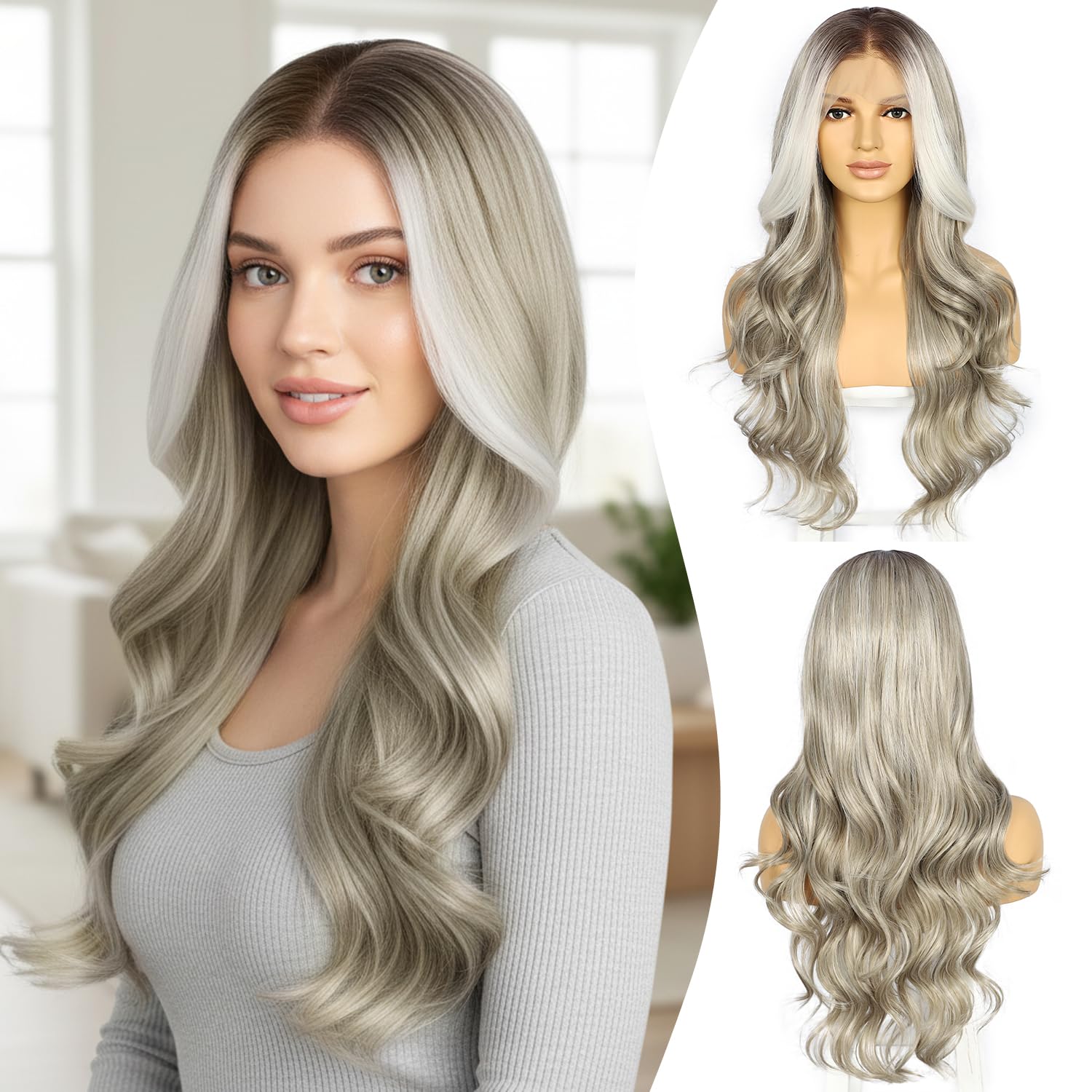 Sapphirewigs Grigio 13x4 parrucca anteriore in pizzo sintetico onda del corpo Parrucca Partito Data Indossare quotidianamente Parrucca dall'aspetto naturale 26 pollici