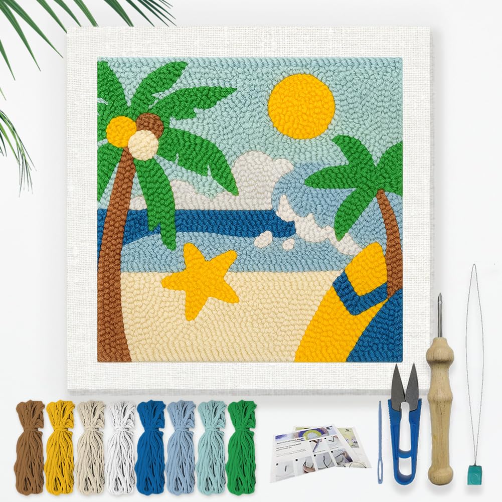 DOODLREAM Summer Beach DIY Punch Needle Embroidery Kit for Adult Beginner 24cm Coconut Trees Ocean Punch Stitching Craft Set for Starter with Frame Fabric Pattern