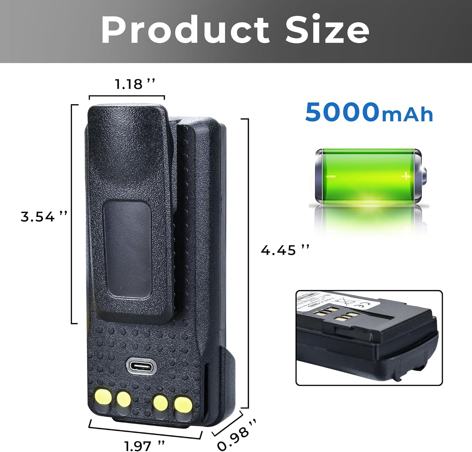 5000mAh PMNN4409 Battery with USB-C Charging Port for APX1000 APX3000 APX4000 XPR3300 XPR3300e XPR3500 3500e 7550 7550e 7580 580e DP4400 DP4601 Two Way Radio with Belt Clip, Charging Cable