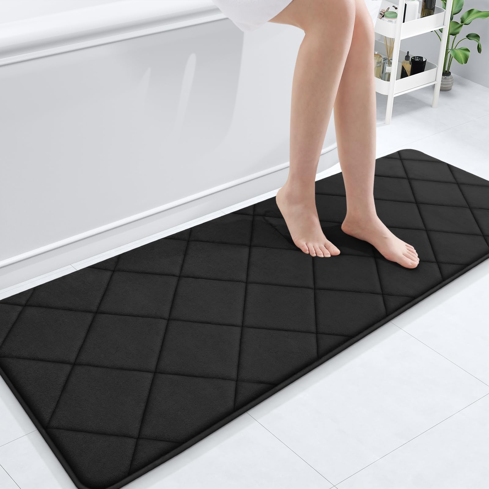 OLANLY Memory Foam Bath Mat 59x20, Ultra Soft and Absorbent Bathroom Mat, Machine Washable Bathroom Rugs, Comfortable, Thick Bath Rugs Carpet for Bathroom Floor, Tub and Shower, Black