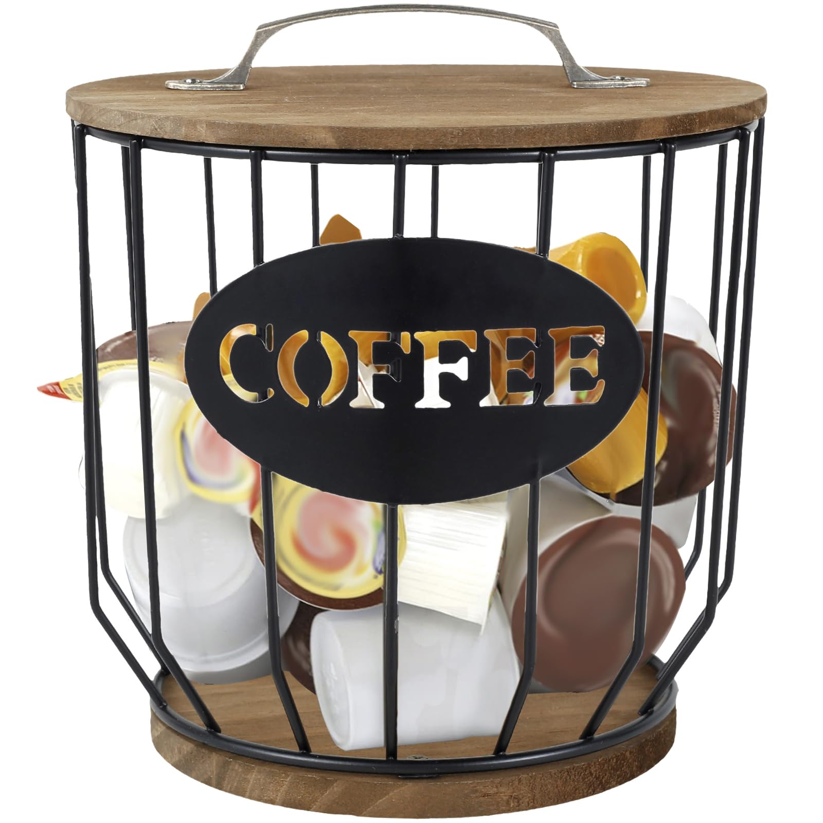 Coffee Pod Holder, Vintage Coffee Capsule Basket with Wooden Base Mug Shaped Black Wire Coffee Pod Organizer Reusable Coffee Capsule Storage Espresso Capsules Container for Home Countertop Decor